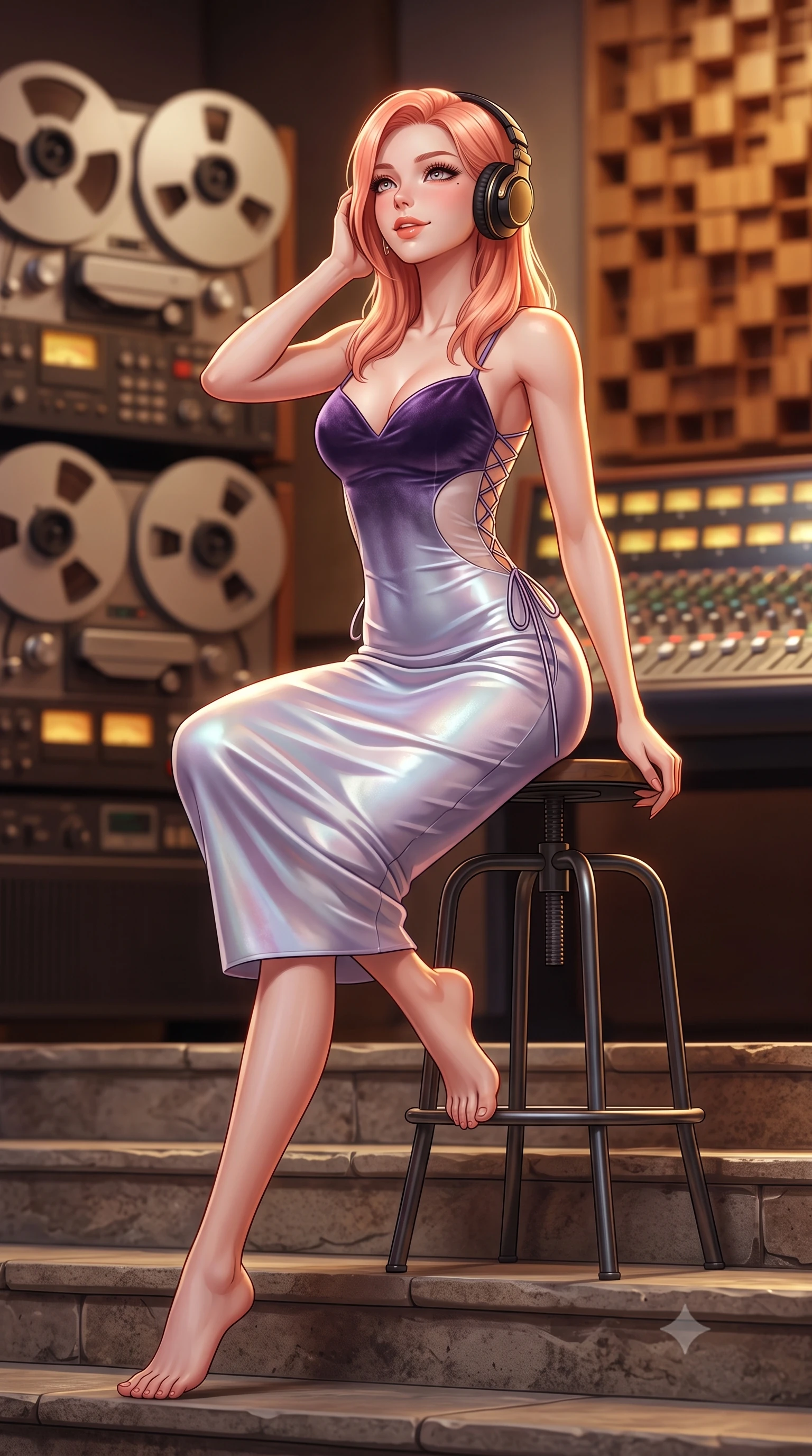 score_9, masterpiece, best quality, ultra-detailed, high-budget anime keyframe, semi-realistic 3D game render, editorial fashion photography, tasteful artistic composition, Japanese woman. low angle full-body shot from head to toe showing her feet, filling the entire 9:16 vertical frame with her statuesque presence, stretching her vertical silhouette. sitting poised on the stone steps with one knee bent, arching her spine with supermodel elegance as she glances upward through thick eyelashes while sitting perched on the high studio stool with legs wrapped around the rung, headphones resting over one ear with a playful bedroom-smile. The background shows a soft-focus walls of analog tape reel machines, acoustic wooden diffusers, and glowing console faders blurred into teak, amber, and brass bokeh. She has an absolutely perfect, statuesque 8.5-heads proportion, an exceptionally tall and slender model-like female figure with impossibly long slender legs, an ultra-slim waist, a flat toned midriff, narrow delicate ribcage, and beautifully sculpted feminine hips creating a graceful, slim hourglass silhouette without any bulky heaviness. sharp v-shaped jawline, high-bridge nose, sparkling eyes with hypnotic seductive depth, thick curled eyelashes, glossy parted lips with a natural dewy peach sheen, alluring bedroom-eyes with an enchanting coquettish smile, exuding magnetic siren charisma and sophisticated glamour, flawlessly proportioned anatomical accuracy, strict slender model proportions, natural body alignment, perfectly sculpted long slender limbs, ultra-slim waistline, clean dynamic posture without body distortion. wearing a deep sweetheart-neckline velvet bodycon dress with sheer side-torso cutouts accentuating her hourglass curves in iridescent mother-of-pearl and misty lavender, crafted from fluid liquid silk satin that clings smoothly to every curve with a dewy sheen, featuring fine criss-cross lace-up side ties revealing tantalizing glimpses of her hip curve, the form-contouring silhouette accentuating her sculpted flat midriff, narrow delicate ribcage, and gracefully curvy hips with intoxicating allure. illuminated by mixing board reflection fill and sharp warm-gold rim lights sculpting her jawline, narrow waist, and curvy hips. highly saturated vibrant anime colors, detailed shading with soft gradients, rich glossy textures, high-contrast stereoscopic depth, volumetric dynamic lighting, master piece, 9:16 ratio