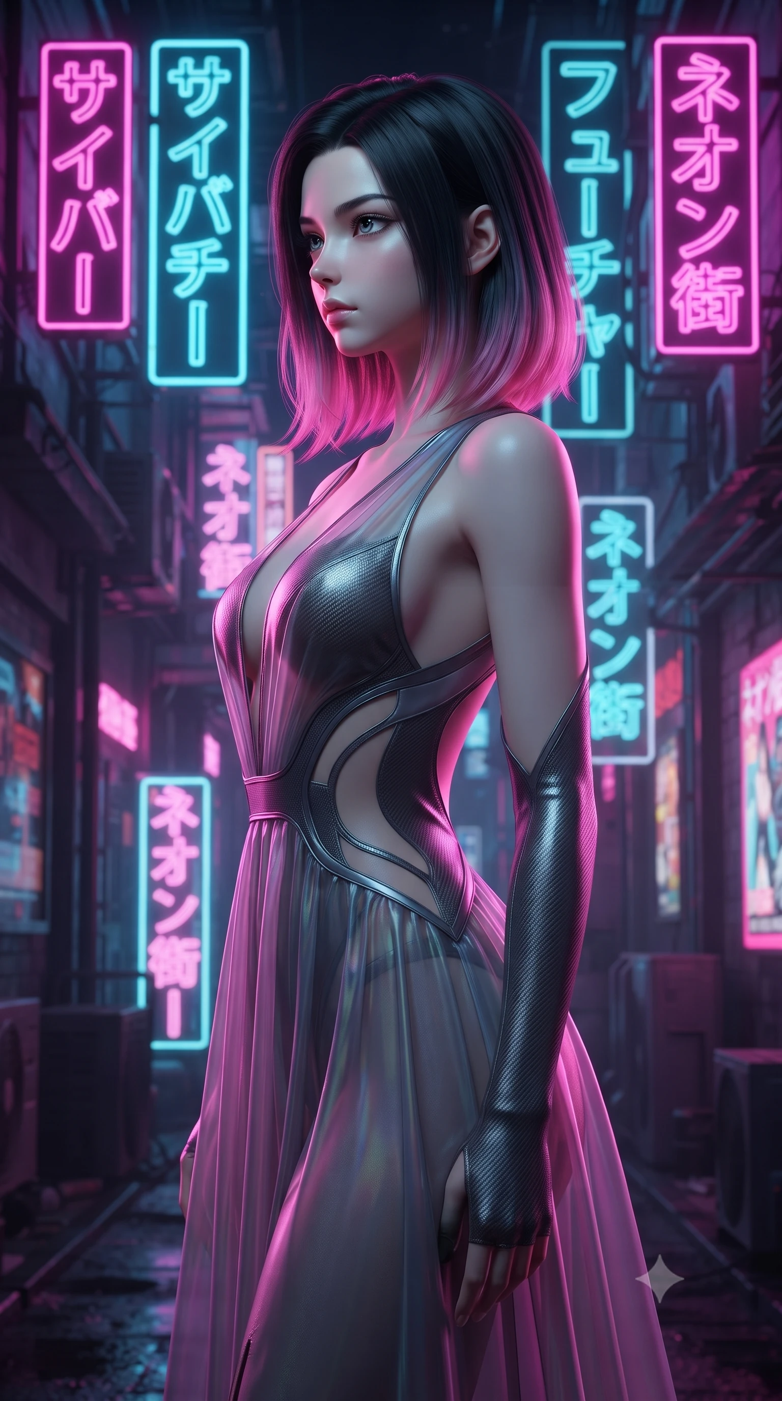 score_9, masterpiece, best quality, ultra-detailed, high-budget anime keyframe, editorial fashion photography, tasteful artistic composition, Korean woman. close-up cowboy shot from the waist and thighs up, the character dominates the composition, filling the frame with her large presence, background elements kept in soft focus. Turning her face in sharp dramatic profile against the bright light, showcasing her sharp v-shaped jawline navigating a narrow cybernetic alleyway filled with floating neon Japanese glyphs, dense holographic advertisements casting dynamic colorful shadows. She has an exceptionally elegant, slender, and willowy female figure with an ultra-slim waist, a gracefully sculpted slender torso, and a refined silhouette. sharp v-shaped jawline, high-bridge nose, intricate jewel-like eyes with depth, thick eyelashes, glossy lips with a natural sheen. wearing a translucent iridescent chiffon gown with a plunging neckline and open back in charcoal grey and platinum, made of fine carbon-fiber weave and soft matte leather, featuring clean architectural cutouts along her slender torso, the glove-like fit emphasizing her statuesque silhouette. drenched in intense neon magenta and cyan rim light with dark contrast. ultra-reflective glossy finish, specular highlights, metallic sheen, high-contrast stereoscopic depth, volumetric dynamic lighting, 2k, ultra detail, master piece, 9:16 ratio