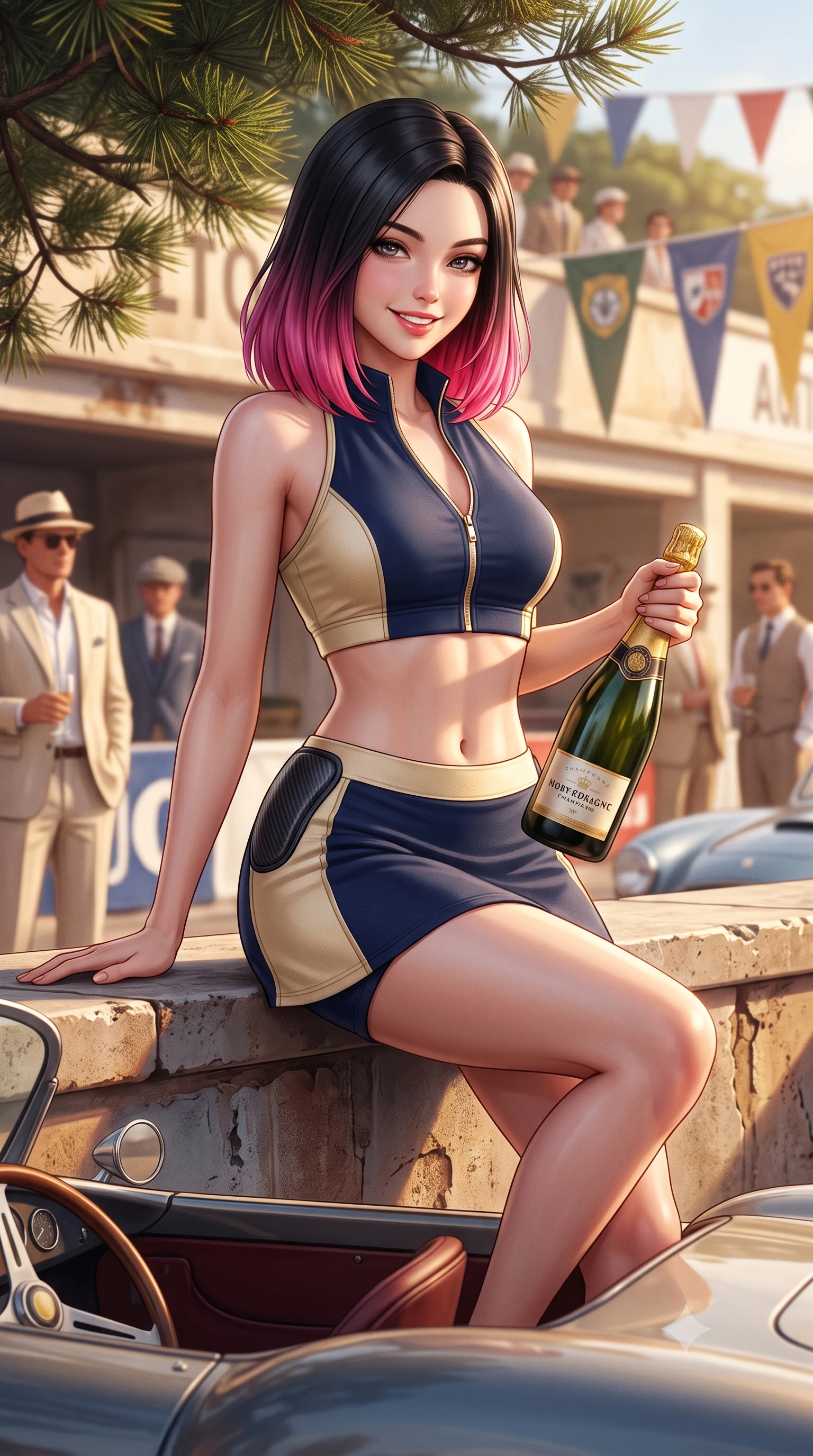 score_9, masterpiece, best quality, ultra-detailed, high-budget anime keyframe, semi-realistic 3D game render, editorial fashion photography, tasteful artistic composition, Korean woman. close-up cowboy shot from the waist and thighs up, the character dominates the composition, filling the frame with her large presence. leaning back against the pit wall with relaxed seductive grace, her flat midriff and narrow waist highlighted as sunlight traces her curves while sitting perched on the speedster's low rear deck with legs crossed, holding a bottle of chilled champagne with vintage Riviera glamour. The background shows a soft-focus chic spectators in linen suits and vintage sports car club pennants softened in glamorous Provençal shallow focus. She has an exceptionally elegant, slender, and willowy female figure with an ultra-slim waist, flat toned midriff, narrow ribcage, and sculpted feminine hips creating an alluring, slim hourglass silhouette without bulk. sharp v-shaped jawline, high-bridge nose, sparkling eyes with athletic focus and depth, thick curled eyelashes, glossy parted lips with a natural coral-peach sheen, bright confident and coquettish smile with alluring bedroom-eyes, exuding both youthful sporty vigor and sovereign high-society glamour, flawlessly proportioned anatomical accuracy, strict slender model proportions, natural body alignment, perfectly sculpted long slender limbs, ultra-slim waistline, clean dynamic posture without body distortion. wearing a modern two-piece athletic set featuring a zip-front halter sports crop top and curve-hugging tennis skirt with built-in compression shorts in Monaco navy blue and cream champagne gold, tailored from ultra-soft fine cashmere yarn with an airy athletic drape, accented with sleek aerodynamic carbon-fiber hip pads framing her narrow waist, the form-fitting tailored bodice adhering flawlessly to her sculpted flat midriff and slender torso, emphasizing her long leg lines and perfectly proportioned willowy build. bathed in horizontal late-afternoon golden hour sunbeams filtering through pine needles. highly saturated vibrant anime colors, detailed shading with soft gradients, rich glossy textures, high-contrast stereoscopic depth, volumetric dynamic lighting, master piece, 9:16 ratio