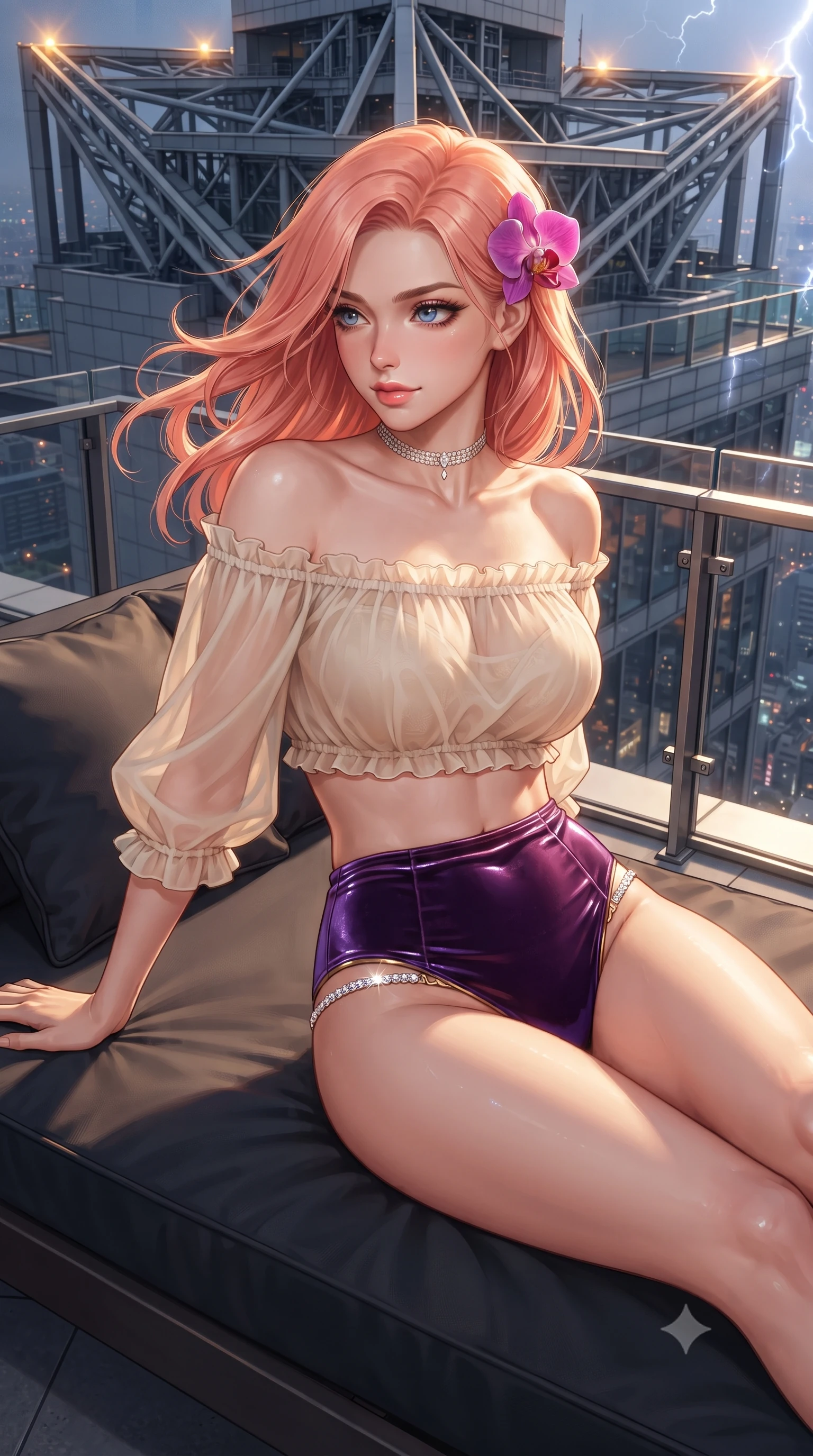 score_9, masterpiece, best quality, ultra-detailed, high-budget anime keyframe, editorial fashion photography, tasteful artistic composition, Japanese woman. close-up cowboy shot from the waist and thighs up, the character dominates the composition, filling the frame with her large presence. turning slowly with an enchanting smoldering smile, her glossy hair tossing in the breeze as her hips angle gracefully in a captivating contrapposto while lounging on a weather-resistant daybed under the rooftop canopy propped on one elbow, casting a dangerous, seductive half-smile. The surrounding environment is rendered in vivid detail and crisp panoramic clarity: detailed wet-look leatherette jumpsuit cling, diamond choker shine, and high-rise structural engineering in high resolution. She has an exceptionally elegant, slender, and willowy female figure with an ultra-slim waist, flat toned midriff, narrow ribcage, and sculpted feminine hips creating an alluring, slim hourglass silhouette without bulk. sharp v-shaped jawline, high-bridge nose, sparkling eyes with hypnotic seductive depth, thick curled eyelashes, glossy parted lips with a natural dewy peach sheen, alluring bedroom-eyes with an enchanting coquettish smile, exuding magnetic siren charisma and sophisticated glamour, flawlessly proportioned anatomical accuracy, strict slender model proportions, natural body alignment, perfectly sculpted long slender limbs, ultra-slim waistline, clean dynamic posture without body distortion. wearing an off-the-shoulder sheer peasant crop blouse with ruched neckline paired with tight high-waisted linen briefs in high-roller royal purple velvet and gilded bronze with crystal trims, crafted from wet-look high-gloss vinyl fabric with dazzling specular surface reflections, accented with a fresh-bloomed exotic magenta orchid tucked gracefully into her dark glossy hair, the high-slit wrap tailoring accentuating her ultra-slim waistline and the enchanting curve of her feminine hips with alluring seductive charm. bathed in golden helipad perimeter beacon lights combined with sudden lightning flash strobes. ultra-reflective glossy finish, specular highlights, rich textural contrasts, high-contrast stereoscopic depth, volumetric dynamic lighting, 2k, ultra detail, master piece, 9:16 ratio