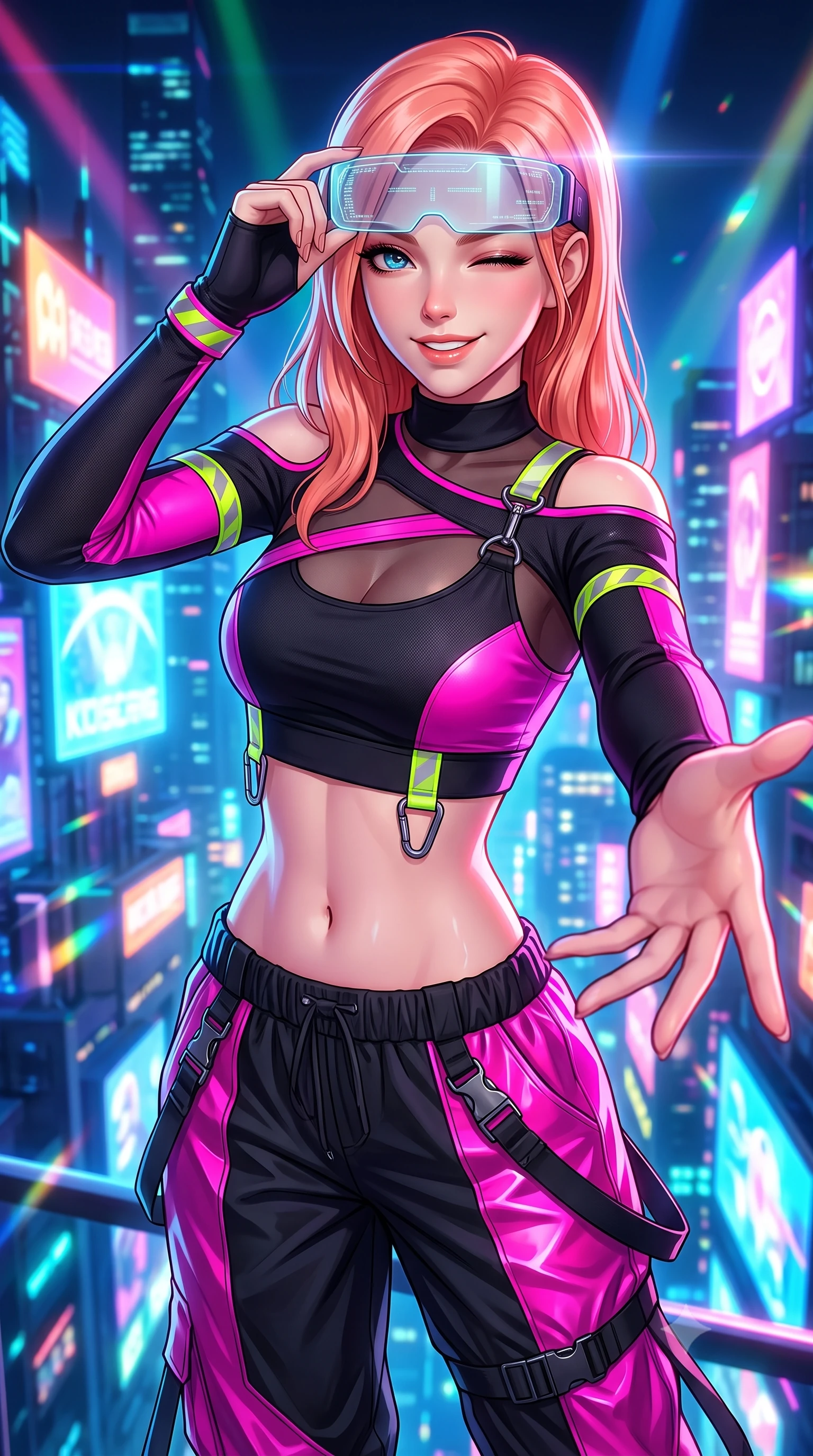 score_9, masterpiece, best quality, ultra-detailed, high-budget anime keyframe, semi-realistic 3D game render, editorial fashion photography, tasteful artistic composition, Japanese woman. close-up cowboy shot from the waist and thighs up, the character dominates the composition, filling the frame with her large presence. extending one slender arm gracefully toward the foreground while casting an affectionate, mesmerizing glance while adjusting her futuristic cyber-visor over her brow while casting a bold, playful wink and bright smile into the camera. The surrounding environment is rendered in vivid detail and crisp panoramic clarity. vibrant futuristic rave chiaroscuro and exhilarating high-altitude electronic nightlife in precision. She has an exceptionally elegant, slender, and willowy female figure with an ultra-slim waist, a gracefully sculpted slender torso, toned flat midriff, and a refined slim silhouette. sharp v-shaped jawline, high-bridge nose, intricate jewel-like eyes with depth, thick eyelashes, glossy lips with a natural sheen, captivating and magnetic expression, flawlessly proportioned anatomical accuracy, strict slender model proportions, natural body alignment, perfectly sculpted long slender limbs, ultra-slim waistline, clean dynamic posture without body distortion. wearing a sporty asymmetrical sleeve-warmer crop top with low-slung metallic parachute track pants in matte pitch-black and vivid neon magenta, made of stretchy ribbed athletic knit with sheer mesh cutout inserts, finished with reflective safety hazard tape details and carabiner clips, the precision-cut daring openings accentuating her delicate midriff, graceful bare collarbones, and ultra-slim feminine waistline. bathed in flashing RGB strobe lights and glowing holographic billboard backlighting. highly saturated vibrant anime colors, detailed shading with soft gradients, rich glossy textures, high-contrast stereoscopic depth, volumetric dynamic lighting, master piece, 9:16 ratio