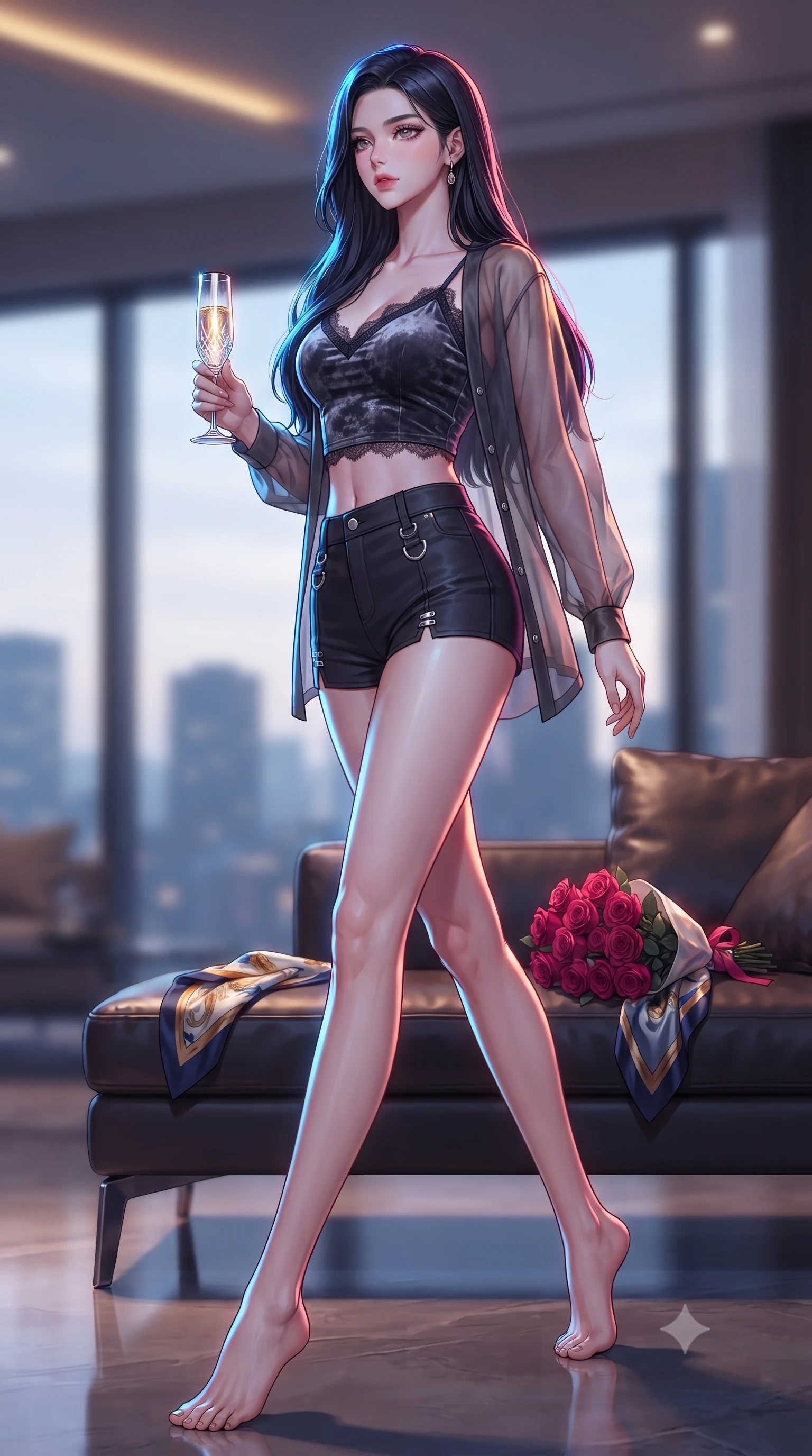 score_9, masterpiece, best quality, ultra-detailed, high-budget anime keyframe, editorial fashion photography, tasteful artistic composition, Korean woman. low angle full-body shot from head to toe showing her feet, filling the entire 9:16 vertical frame with her statuesque presence, stretching her vertical silhouette. stepping gracefully across the floor, her statuesque posture highlighting her slender waist while holding a crystal champagne glass set against a soft-focus background of inside an exclusive penthouse suite with a bouquet of crimson roses and a silk scarf resting on the leather seat. She has an absolutely perfect, statuesque 8.5-heads proportion, an exceptionally tall and slender model-like female figure with impossibly long slender legs and an ultra-slim waist. sharp v-shaped jawline, high-bridge nose, intricate jewel-like eyes with depth, thick eyelashes, glossy lips with a natural sheen. wearing slim-fit charcoal crushed velvet delicate lace-trim crop top worn under a sheer organza cardigan with high-waist micro-shorts accented with delicate silver hardware. drenched in dramatic neon rim-lighting that traces the sleek contours of her figure. ultra-reflective glossy finish, specular highlights, metallic sheen, high-contrast stereoscopic depth, volumetric dynamic lighting, 2k, ultra detail, master piece, 9:16 ratio