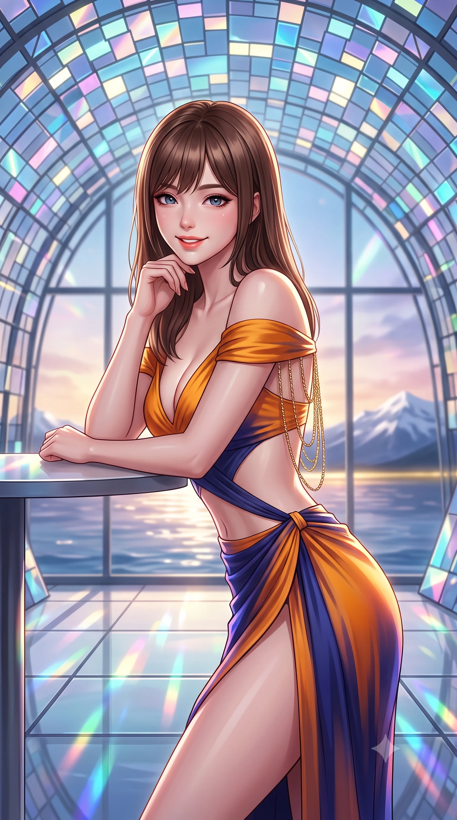score_9, masterpiece, best quality, ultra-detailed, high-budget anime keyframe, editorial fashion photography, tasteful artistic composition, Korean woman. close-up cowboy shot from the waist and thighs up, the character dominates the composition, filling the frame with her large presence. resting one elbow on the table and supporting her chin, leaning close to the camera with heavy-lidded sparkling eyes and parted lips while standing poised inside the monumental glass atrium beneath thousands of geometric dichroic glass quasi-bricks, arching her spine with futuristic supermodel poise. The background shows a soft-focus thousands of multi-faceted geometric glass prisms reflecting harbor water ripples, midnight sun golden horizon, and distant snow peaks blurred into champagne, cyan, and rose bokeh. She has an exceptionally elegant, slender, and willowy female figure with an ultra-slim waist, flat toned midriff, narrow ribcage, and sculpted feminine hips creating an alluring, slim hourglass silhouette without bulk. sharp v-shaped jawline, high-bridge nose, intricate jewel-like sparkling eyes with depth, thick eyelashes, glossy parted lips with a natural peach sheen, bright cheerful beaming smile with an enchanting and coquettish sensual glint, exuding both youthful cute charm and seductive allure, flawlessly proportioned anatomical accuracy, strict slender model proportions, natural body alignment, perfectly sculpted long slender limbs, ultra-slim waistline, clean dynamic posture without body distortion. wearing an alluring plunge-front off-the-shoulder crop top with asymmetrical side-torso cutouts and a high-slit wrap skirt in Seville orange blossom gold and midnight moorish indigo, made of fluid liquid jersey with seamless sculpting hold and smooth contours, accented with an open-back drape framed by falling strands of delicate gold chains, the form-contouring silhouette accentuating her sculpted flat midriff, narrow delicate ribcage, and gracefully curvy hips with intoxicating allure. illuminated by glass floor reflection bounce and sharp prism-rainbow rim lights defining her razor-sharp jawline, narrow waist, and curvy hips. ultra-reflective glossy finish, specular highlights, rich textural contrasts, high-contrast stereoscopic depth, volumetric dynamic lighting, 2k, ultra detail, master piece, 9:16 ratio