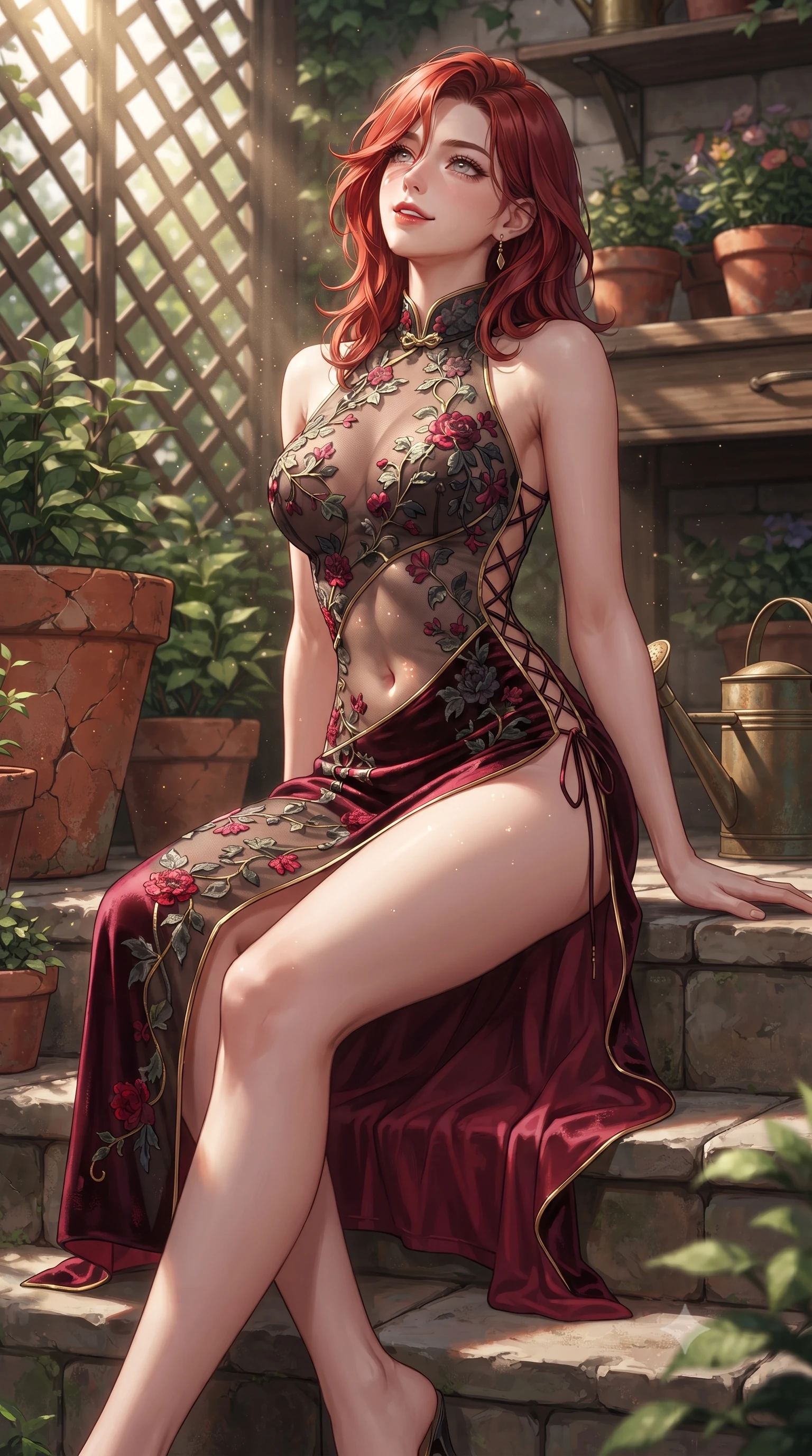 score_9, masterpiece, best quality, ultra-detailed, high-budget anime keyframe, editorial fashion photography, tasteful artistic composition, Korean woman. low angle full-body shot from head to toe showing her feet, filling the entire 9:16 vertical frame with her statuesque presence, stretching her vertical silhouette. sitting poised on the stone steps with one knee bent, arching her spine with supermodel elegance as she glances upward through thick eyelashes while twisting her slender torso in an alluring contrapposto stance, afternoon dust motes dancing in sunbeams across her flat midriff and hips. The surrounding environment is rendered in vivid detail and crisp panoramic clarity: sharp cracked terracotta pot textures, rough-sawn cedar workbench grain, and antique brass watering can patina in deep focus. She has an absolutely perfect, statuesque 8.5-heads proportion, an exceptionally tall and slender model-like female figure with impossibly long slender legs, an ultra-slim waist, a flat toned midriff, narrow delicate ribcage, and beautifully sculpted feminine hips creating a graceful, slim hourglass silhouette without any bulky heaviness. sharp v-shaped jawline, high-bridge nose, sparkling eyes with hypnotic seductive depth, thick curled eyelashes, glossy parted lips with a natural dewy peach sheen, alluring bedroom-eyes with an enchanting coquettish smile, exuding magnetic siren charisma and sophisticated glamour, flawlessly proportioned anatomical accuracy, strict slender model proportions, natural body alignment, perfectly sculpted long slender limbs, ultra-slim waistline, clean dynamic posture without body distortion. wearing a provocative sheer illusion mesh botanical dress with embroidered climbing ivy ribbons contouring her curves in rich cherry lacquer and smoky charcoal with gold piping, tailored from ultra-plush velvet with rich tactile depth and deep shadow gradients, featuring fine criss-cross lace-up side ties revealing tantalizing glimpses of her hip curve, the high-slit wrap tailoring accentuating her ultra-slim waistline and the enchanting curve of her feminine hips with alluring seductive charm. illuminated by terracotta bounce and sharp warm-gold rim lights sculpting her jawline, flat midriff, and voluptuous hip curves. ultra-reflective glossy finish, specular highlights, rich textural contrasts, high-contrast stereoscopic depth, volumetric dynamic lighting, 2k, ultra detail, master piece, 9:16 ratio