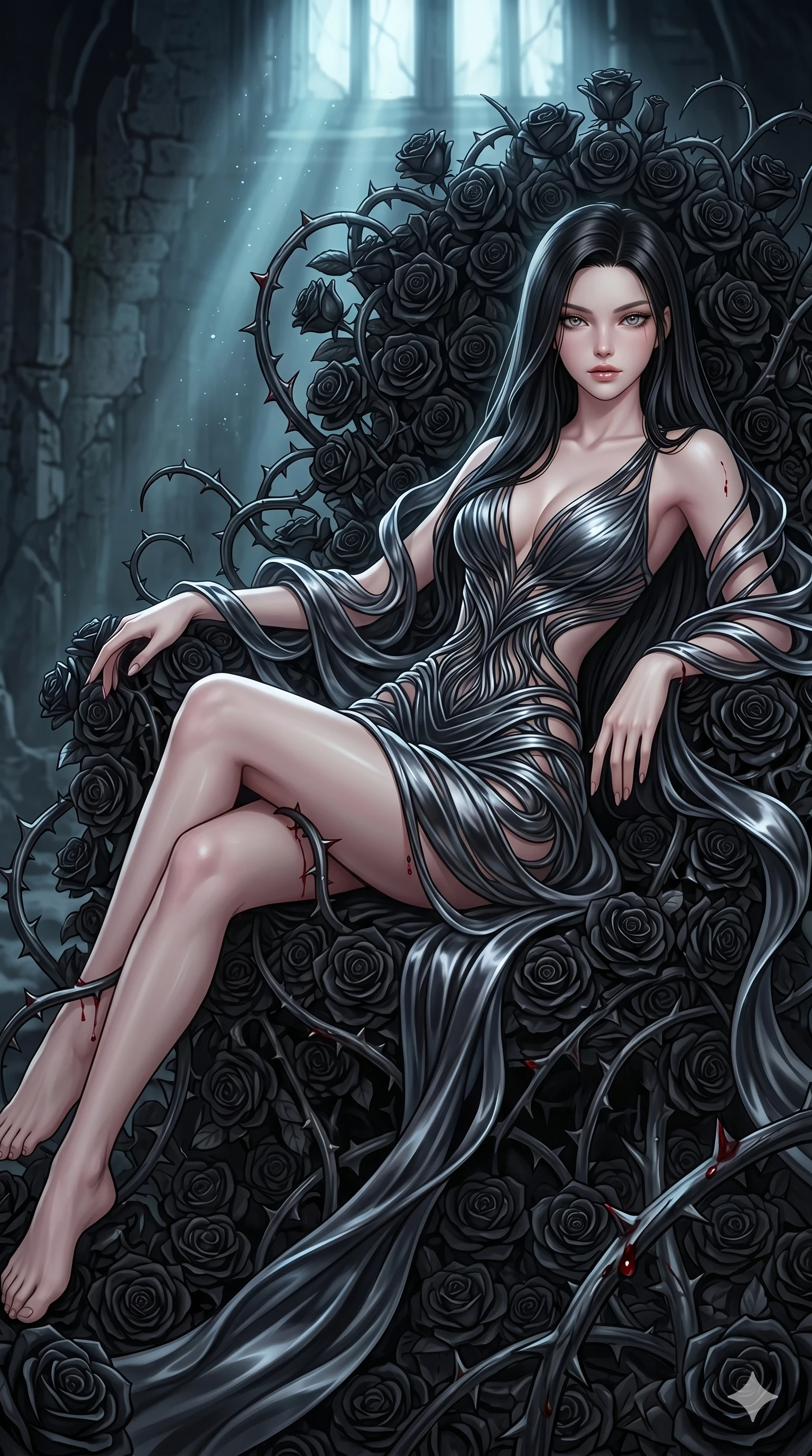 score_9, masterpiece, best quality, ultra-detailed, High-budget Anime Keyframe, East Asian woman. Dynamic full-body shot stretching the vertical silhouette to the limit. Scenario 200: Resting on a throne of black roses, thorns grazing her skin. Her presence is magnetic and overpowering in this high-budget anime scene. Outfit 200: A molten liquid silk decorative silk bands with a sculpted V-neckline and wet-look texture. The clothing is designed to emphasize her exceptionally tall and slender 8-heads proportion. 8-heads proportion, towering silhouette, ultra-slim waist. sharp v-shaped jawline, intricate jewel-like eyes with depth, thick eyelashes, glossy lips. 2k, ultra detail, master piece, 9:16 ratio