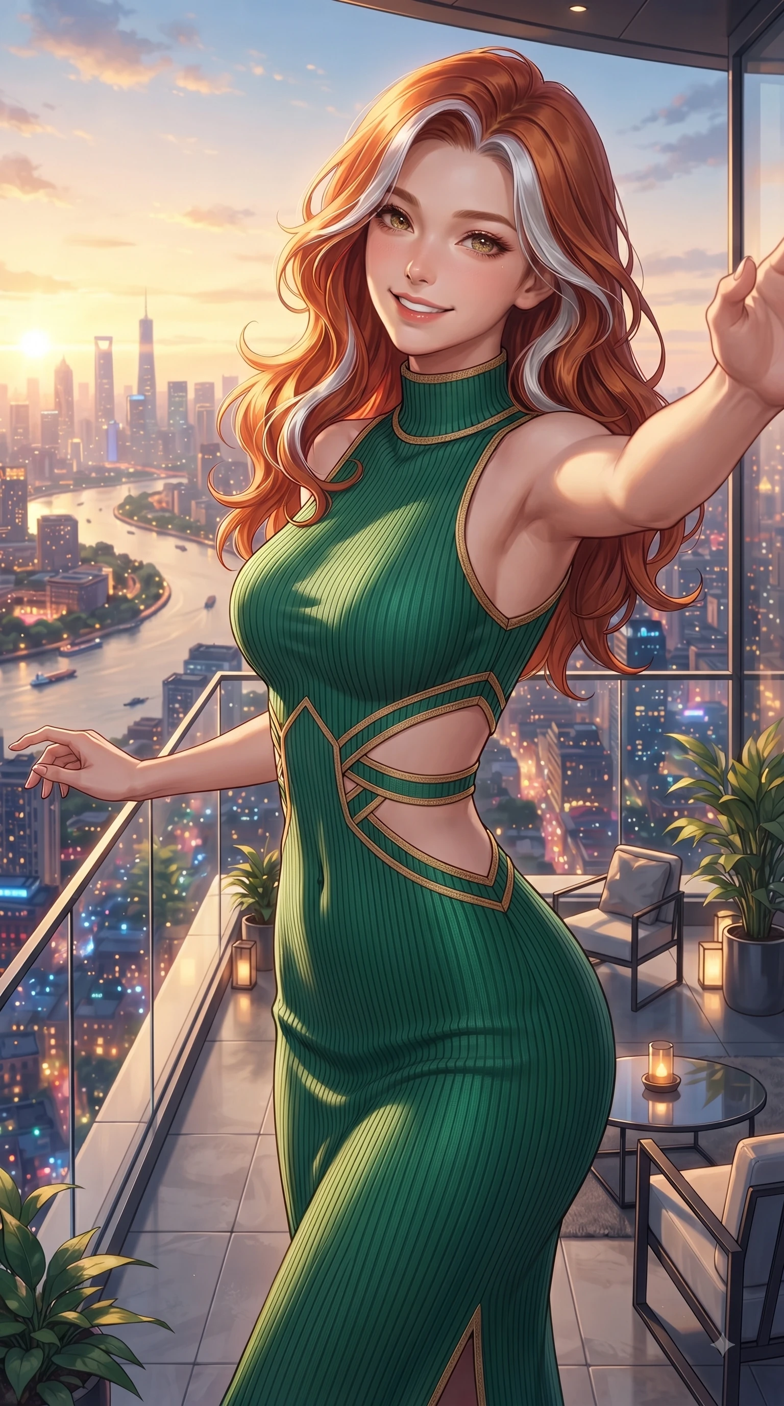 score_9, masterpiece, best quality, ultra-detailed, high-budget anime keyframe, editorial fashion photography, tasteful artistic composition, Caucasian woman. close-up cowboy shot from the waist and thighs up, the character dominates the composition, filling the frame with her large presence. Fresh enchanting smile, her eyes twinkling like jewels in the bright sunlight as one arm reaches out cheerfully while reaching one hand gracefully toward the city skyline view with a magnetic smile. The surrounding environment is rendered in vivid detail and crisp panoramic clarity. vibrant city lights and stylish terrace lounge decor captured with environmental precision. She has an exceptionally elegant, slender, and willowy female figure with an ultra-slim waist, a gracefully sculpted slender torso, and a refined silhouette. sharp v-shaped jawline, high-bridge nose, intricate jewel-like eyes with depth, thick eyelashes, glossy lips with a natural sheen, flawlessly proportioned anatomical accuracy, natural body alignment, perfectly sculpted elegant limbs, clean dynamic posture without body distortion. wearing a high-neck sleeveless ribbed knit dress following her statuesque figure like a glove in bright emerald green and warm gold trim, crafted from lightweight fluid chiffon, complemented by clean architectural cutouts along her slender torso, the sleek second-skin texture accentuating her magnetic presence. bathed in dramatic golden hour sunset glow and vibrant urban night lights. ultra-reflective glossy finish, specular highlights, metallic sheen, high-contrast stereoscopic depth, volumetric dynamic lighting, 2k, ultra detail, master piece, 9:16 ratio