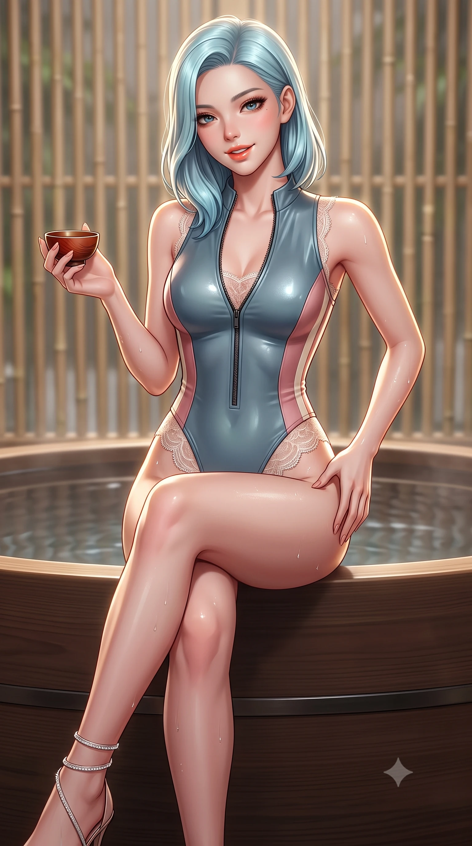 score_9, masterpiece, best quality, ultra-detailed, high-budget anime keyframe, semi-realistic 3D game render, editorial fashion photography, tasteful artistic composition, Korean woman. close-up cowboy shot from the waist and thighs up, the character dominates the composition, filling the frame with her large presence. tilting her head with a teasing half-smile, running one hand slowly down the side of her hip in a flirtatious S-curve as ambient light caresses her silhouette while sitting perched on the wide hinoki wood rim with legs crossed, holding a lacquered wooden sake cup with an enchanting, parted-lip smile. The background shows a soft-focus minimalist bamboo privacy lattice softened in haute Japanese luxury shallow focus. She has an exceptionally elegant, slender, and willowy female figure with an ultra-slim waist, flat toned midriff, narrow ribcage, and sculpted feminine hips creating an alluring, slim hourglass silhouette without bulk. sharp v-shaped jawline, high-bridge nose, sparkling eyes with hypnotic seductive depth, thick curled eyelashes, glossy parted lips with a natural dewy peach sheen, alluring bedroom-eyes with an enchanting coquettish smile, exuding magnetic siren charisma and sophisticated glamour, flawlessly proportioned anatomical accuracy, strict slender model proportions, natural body alignment, perfectly sculpted long slender limbs, ultra-slim waistline, clean dynamic posture without body distortion. wearing a form-contouring wet-look neoprene zip-front maillot with high-cut leg openings and racing side stripes in dusky blush pink and warm ivory lace, made of delicate semi-sheer French Chantilly lace with intricate eyelash edges, complemented by strappy stiletto sandals with crystal ankle wraps accentuating her slender calves, the liquid-tight tailored fabric clinging flawlessly to her narrow waist and rounded feminine hips, emphasizing every millimeter of her sculpted slim hourglass curves without any bulky heaviness. illuminated by wet glass reflections and sharp champagne-gold rim lights defining her delicate clavicles, ultra-slim waist, and curvy hips. highly saturated vibrant anime colors, detailed shading with soft gradients, rich glossy textures, high-contrast stereoscopic depth, volumetric dynamic lighting, master piece, 9:16 ratio