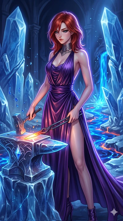 score_9, masterpiece, best quality, ultra-detailed, high-budget anime keyframe, Japanese woman. upper body close-up from the thighs up, character filling the screen for maximum presence. forging in a prismatic ice-volcano temple where glowing cobalt-