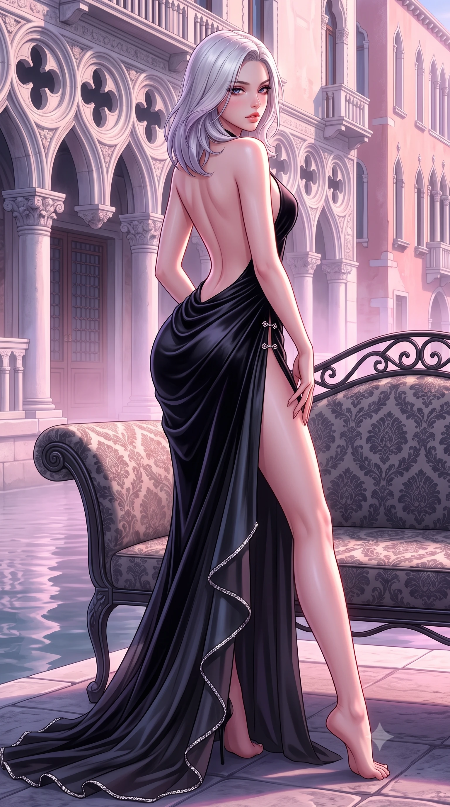score_9, masterpiece, best quality, ultra-detailed, high-budget anime keyframe, semi-realistic 3D game render, editorial fashion photography, tasteful artistic composition, Caucasian woman. low angle full-body shot from head to toe showing her feet, filling the entire 9:16 vertical frame with her statuesque presence, stretching her vertical silhouette. posing with back turned slightly to the lens, glancing back with smoldering allure as she arches her lower back to emphasize her sculpted feminine hips and slender waist while lounging languidly across a damask-upholstered wrought-iron settee, her flat midriff and feminine hips bathed in soft Venetian dawn light. The surrounding environment is rendered in vivid detail and crisp panoramic clarity. sharp carved gothic cloverleaf stonework, canal water surface tension, and palazzo stucco texture in deep focus. She has an exceptionally tall and slender model-like 8.5-heads proportion, an ultra-slim waist, a flat toned midriff, narrow delicate ribcage, and beautifully sculpted feminine hips creating a graceful, slim hourglass silhouette without any bulky heaviness, with impossibly long slender legs. sharp v-shaped jawline, high-bridge nose, intricate jewel-like eyes with depth, thick eyelashes, glossy parted lips with a natural sheen, intensely captivating and seductive bedroom-eyes expression, flawlessly proportioned anatomical accuracy, strict slender model proportions, natural body alignment, perfectly sculpted long slender limbs, ultra-slim waistline, clean dynamic posture without body distortion. wearing an open-back duchess satin gala gown with a dramatic hip-hugging drape and cascading trailing hem in pitch-black velvet with diamond crystal trim, woven from layered gossamer chiffon with a weightless sweeping drape, finished with an ultra-high side slit secured by miniature jeweled clasps, the glove-like aerodynamic silhouette tightly following the natural contour of her hips and long slender legs with statuesque 8.5-heads elegance. bathed in luminous pastel dawn pink and violet light reflecting off misty canal waters. highly saturated vibrant anime colors, detailed shading with soft gradients, rich glossy textures, high-contrast stereoscopic depth, volumetric dynamic lighting, master piece, 9:16 ratio