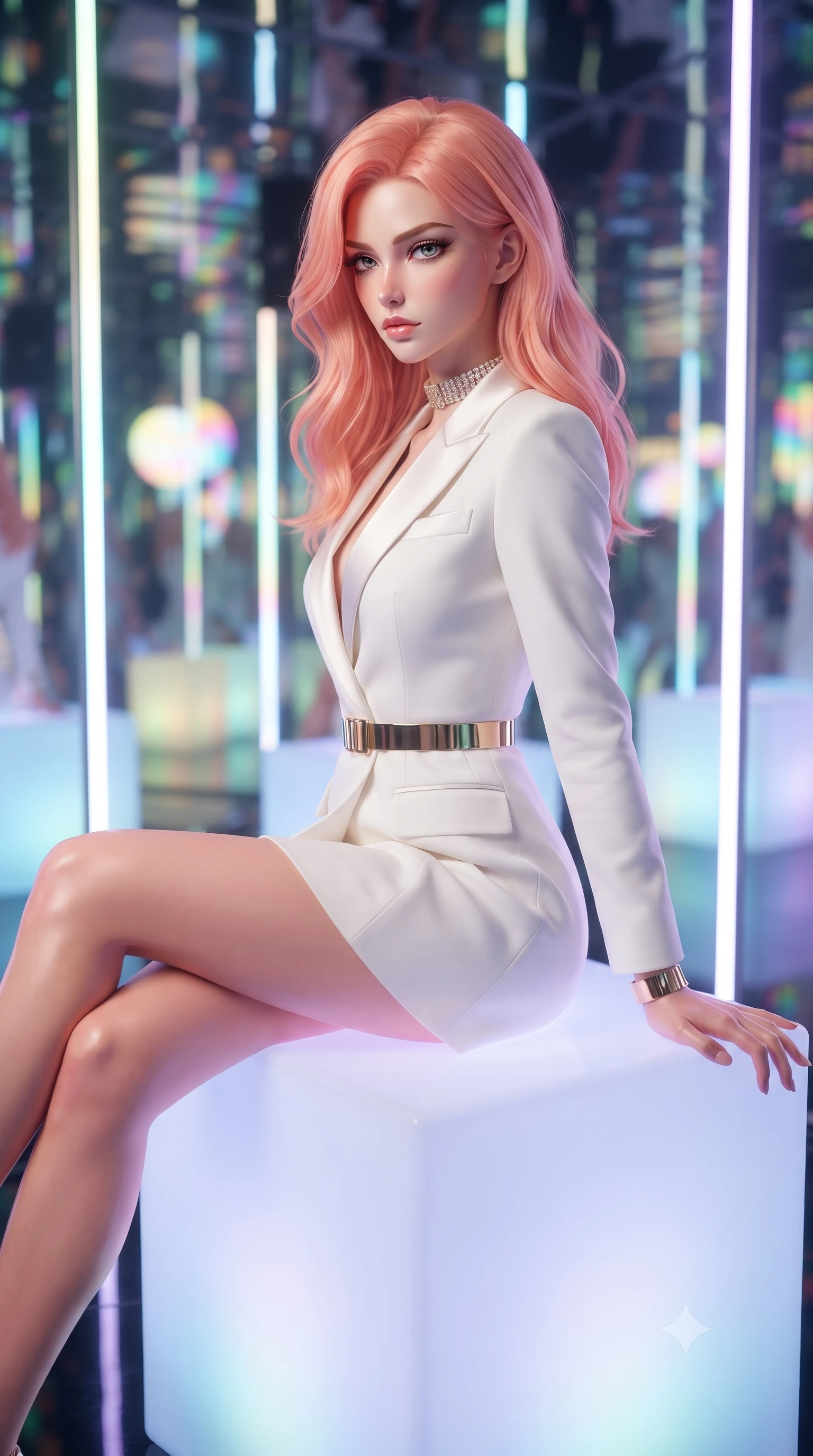 score_9, masterpiece, best quality, ultra-detailed, high-budget anime keyframe, editorial fashion photography, tasteful artistic composition, Japanese woman. close-up cowboy shot from the waist and thighs up, the character dominates the composition, filling the frame with her large presence. turning over her shoulder with an indomitable, smoldering gaze, her soft hair framing her razor-sharp v-shaped jawline while sitting poised atop a frosted neon cube with one leg extended, her statuesque silhouette framed by vertical light bars. The composition keeps background elements in soft focus with creamy bokeh. infinite mirrored room reflections and glowing vertical LED strips blurred into psychedelic rainbow and pastel neon bokeh. She has an exceptionally elegant, slender, and willowy female figure with an ultra-slim waist, a gracefully sculpted slender torso, toned flat midriff, and a refined slim silhouette. sharp v-shaped jawline, high-bridge nose, intricate jewel-like eyes with depth, thick eyelashes, glossy lips with a natural sheen, captivating and magnetic expression, flawlessly proportioned anatomical accuracy, strict slender model proportions, natural body alignment, perfectly sculpted long slender limbs, ultra-slim waistline, clean dynamic posture without body distortion. wearing a chic tailored white tuxedo jacket dress with satin lapels and an ultra-slim waist-cinching gold belt in pristine royal white and brushed gold, made of structured fine wool crepe and liquid silk satin, accessorized with a bold diamond choker and minimalist gold cuffs, the glove-like aerodynamic second-skin fit tightly clinging to her ultra-slender waist and athletic curves without adding bulk, accentuating her razor-sharp statuesque lines and slim hourglass silhouette. bathed in dynamic color-shifting LED ambient illumination and pure white spotlight fill. ultra-reflective glossy finish, specular highlights, rich textural contrasts, high-contrast stereoscopic depth, volumetric dynamic lighting, 2k, ultra detail, master piece, 9:16 ratio
