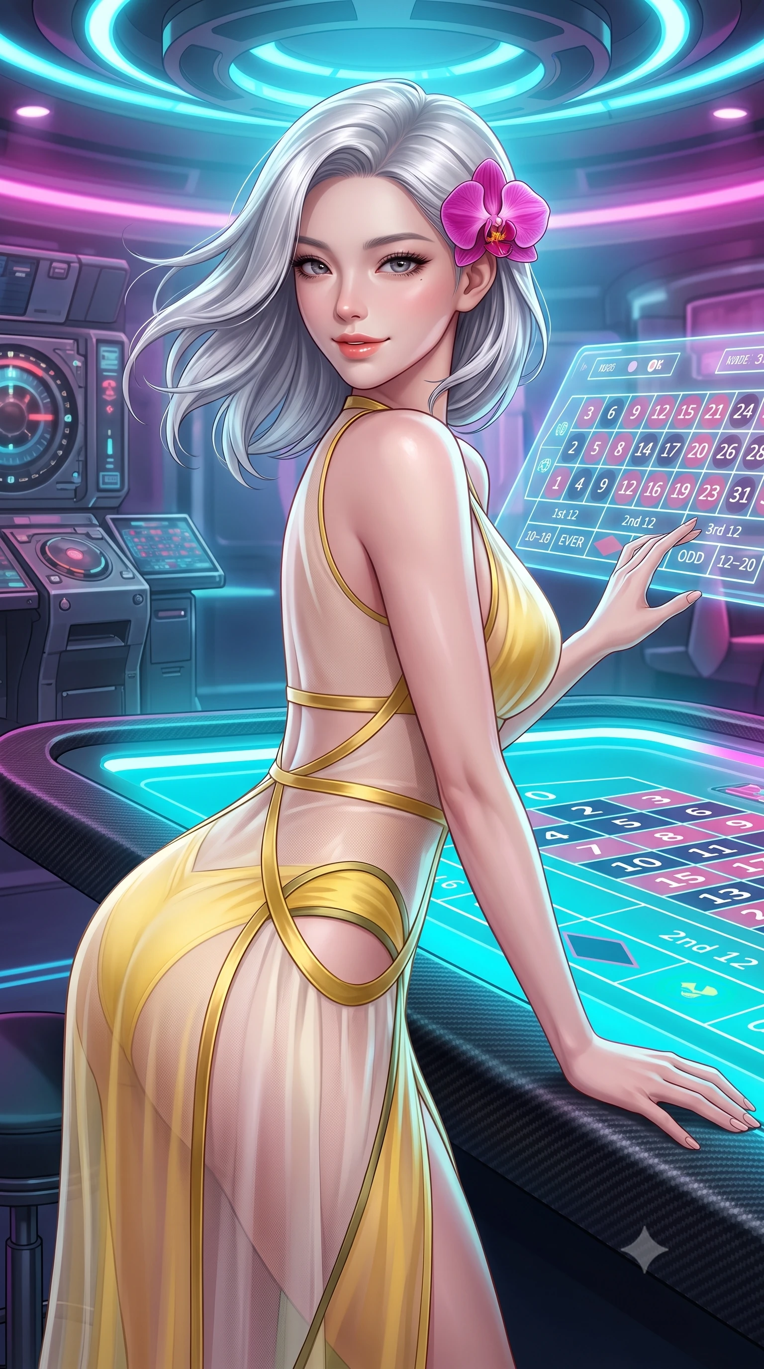 score_9, masterpiece, best quality, ultra-detailed, high-budget anime keyframe, semi-realistic 3D game render, editorial fashion photography, tasteful artistic composition, Korean woman. close-up cowboy shot from the waist and thighs up, the character dominates the composition, filling the frame with her large presence. turning slowly with an enchanting smoldering smile, her glossy hair tossing in the breeze as her hips angle gracefully in a captivating contrapposto while leaning over the sleek carbon table edge with hips cocked back, looking through floating neon betting grids with an irresistible bedroom-smile. The surrounding environment is rendered in vivid detail and crisp panoramic clarity: detailed second-skin mesh bodysuit cling, glossy parted lips, and high-tech casino mechanics in high resolution. She has an exceptionally elegant, slender, and willowy female figure with an ultra-slim waist, flat toned midriff, narrow ribcage, and sculpted feminine hips creating an alluring, slim hourglass silhouette without bulk. sharp v-shaped jawline, high-bridge nose, sparkling eyes with hypnotic seductive depth, thick curled eyelashes, glossy parted lips with a natural dewy peach sheen, alluring bedroom-eyes with an enchanting coquettish smile, exuding magnetic siren charisma and sophisticated glamour, flawlessly proportioned anatomical accuracy, strict slender model proportions, natural body alignment, perfectly sculpted long slender limbs, ultra-slim waistline, clean dynamic posture without body distortion. wearing a provocative sheer illusion mesh gown with liquid gold ribbons contouring her flat midriff and curvaceous hips in sunlit daisy yellow and gardenia cream with olive accents, made of sheer gossamer chiffon that drapes softly against skin with airy translucence, accented with a fresh-bloomed exotic magenta orchid tucked gracefully into her dark glossy hair, the glove-like clinging cut tightly following the natural contour of her hips and long slender legs with youthful 8.5-heads elegance. bathed in vibrant cyan and magenta light radiating directly from embedded table displays. highly saturated vibrant anime colors, detailed shading with soft gradients, rich glossy textures, high-contrast stereoscopic depth, volumetric dynamic lighting, master piece, 9:16 ratio