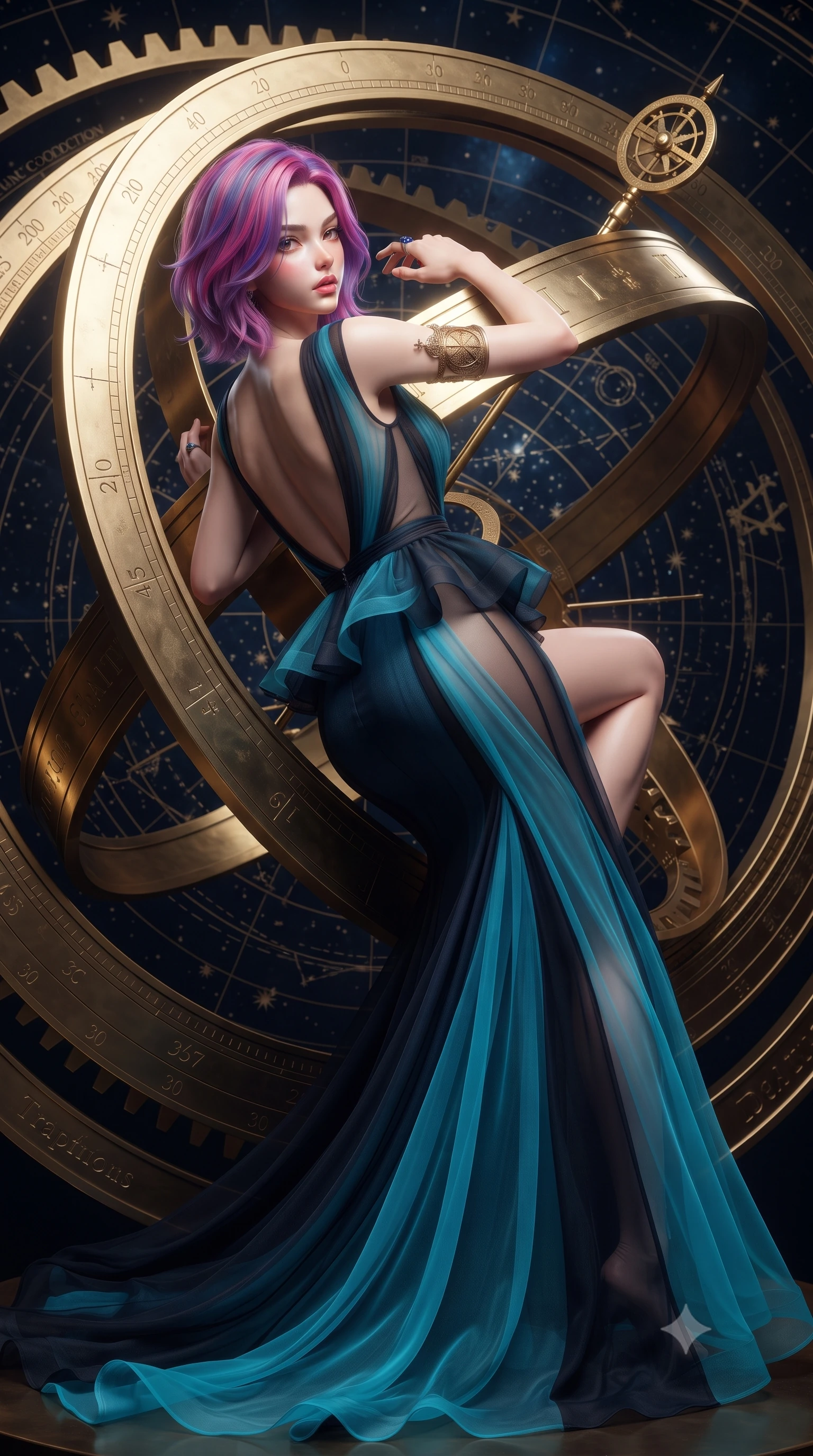 score_9, masterpiece, best quality, ultra-detailed, high-budget anime keyframe, editorial fashion photography, tasteful artistic composition, Caucasian woman. low angle full-body shot from head to toe showing her feet, filling the entire 9:16 vertical frame with her statuesque presence, stretching her vertical silhouette. reclining on her side in an elegant Cleopatra pose with one knee drawn up, the dramatic contour of her rounded hips and long slender legs commanding the 9:16 vertical frame while leaning back against the polished brass rings of a colossal rotating armillary sphere, hips tilted in a seductive contrapposto stance. The surrounding environment is rendered in vivid detail and crisp panoramic clarity. sharp brass gear teeth, engraved celestial coordinate rings, and star map typography in deep focus. She has an absolutely perfect, statuesque 8.5-heads proportion, an exceptionally tall and slender model-like female figure with impossibly long slender legs, a toned flat midriff, an ultra-slim waist, and beautifully sculpted feminine hips. sharp v-shaped jawline, high-bridge nose, intricate jewel-like eyes with depth, thick eyelashes, glossy parted lips with a natural sheen, intensely captivating and seductive bedroom-eyes expression, flawlessly proportioned anatomical accuracy, strict slender model proportions, natural body alignment, perfectly sculpted long slender limbs, ultra-slim waistline, clean dynamic posture without body distortion. wearing a structural geometric peplum gown with sheer side-ribbon cutouts and form-fitting skirt in electric cyan and deep interstellar black, woven from layered gossamer chiffon with a weightless sweeping drape, accessorized with an intricate brass astrolabe armlet and sapphire ring, the dramatically scooped open back descending to the base of her spine, accentuating her razor-sharp statuesque lines and curvy hourglass silhouette. illuminated by starlight edge lights carving her slender waist, bare collarbones, and feminine hip line. ultra-reflective glossy finish, specular highlights, rich textural contrasts, high-contrast stereoscopic depth, volumetric dynamic lighting, 2k, ultra detail, master piece, 9:16 ratio