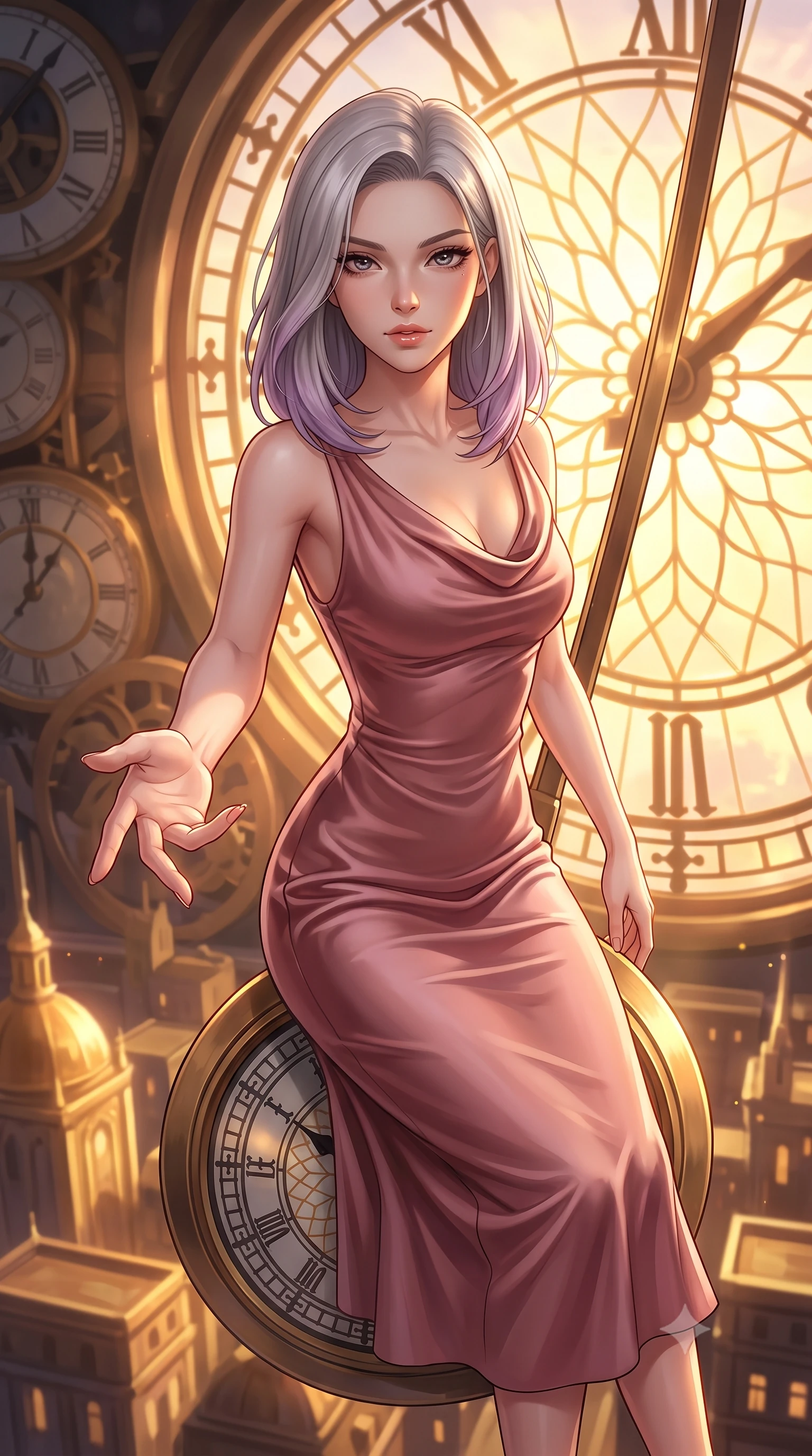score_9, masterpiece, best quality, ultra-detailed, high-budget anime keyframe, editorial fashion photography, tasteful artistic composition, Caucasian woman. close-up cowboy shot from the waist and thighs up, the character dominates the composition, filling the frame with her large presence, background elements kept in soft focus. Reaching one hand gracefully toward the viewer with effortless superiority and allure poised on a massive mechanical clock pendulum swinging over a golden city, dramatic twilight amber light streaming through the giant clock window. She has an exceptionally elegant, slender, and willowy female figure with an ultra-slim waist, a gracefully sculpted slender torso, and a refined silhouette. sharp v-shaped jawline, high-bridge nose, intricate jewel-like eyes with depth, thick eyelashes, glossy lips with a natural sheen. wearing an elegant cowl-neck satin midi dress in dusty rose with a graceful draped neckline, the form-contouring material highlighting her ultra-slim waist and long lines. illuminated by a brilliant golden hour glow filtering through clockwork dials. highly saturated vibrant anime colors, detailed shading with soft gradients, rich glossy textures, high-contrast stereoscopic depth, volumetric dynamic lighting, master piece, 9:16 ratio