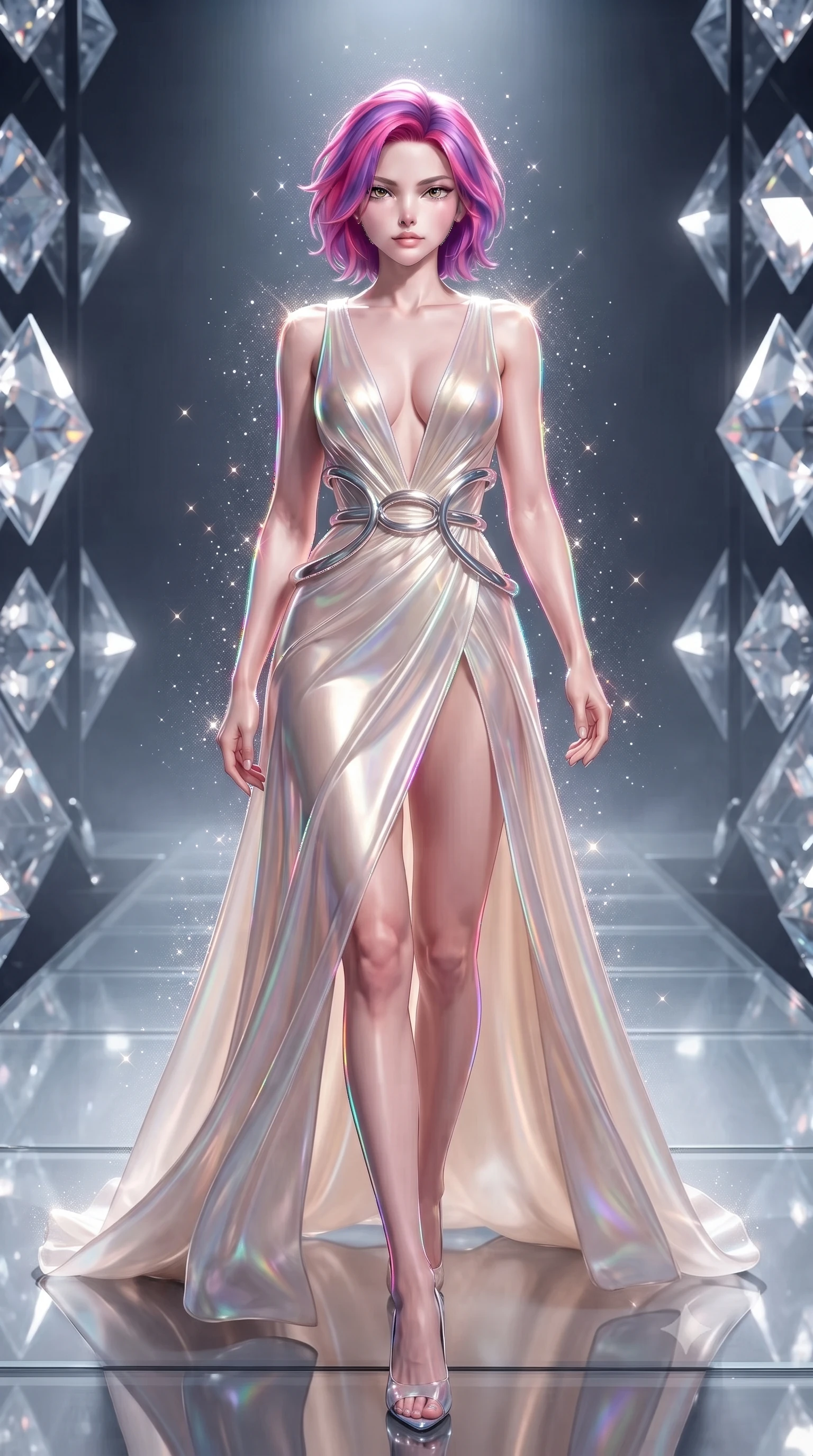score_9, masterpiece, best quality, ultra-detailed, high-budget anime keyframe, editorial fashion photography, tasteful artistic composition, Caucasian woman. low angle full-body shot from head to toe showing her feet, filling the entire 9:16 vertical frame with her statuesque presence, stretching her vertical silhouette. forging confidently through the floating crystal mist, holding a poised statuesque stance, walking across a polished glass runway surrounded by rotating diamond facet walls, razor-sharp rainbow light lines tracing her silhouette contours. She has an absolutely perfect, statuesque 8.5-heads proportion, an exceptionally tall and slender model-like female figure with impossibly long slender legs and an ultra-slim waist. sharp v-shaped jawline, high-bridge nose, intricate jewel-like eyes with depth, thick eyelashes, glossy lips with a natural sheen. wearing deep plunging V-neckline champagne silk gown with daring high thigh slit in pearl white, made of iridescent hologram organza, accented with sculpted opal chrome rings at the waist, contouring every curve with an exceptionally elegant silhouette. surrounded by a sparkling diamond dust rim light aura. ultra-reflective glossy finish, specular highlights, metallic sheen, high-contrast stereoscopic depth, volumetric dynamic lighting, 2k, ultra detail, master piece, 9:16 ratio