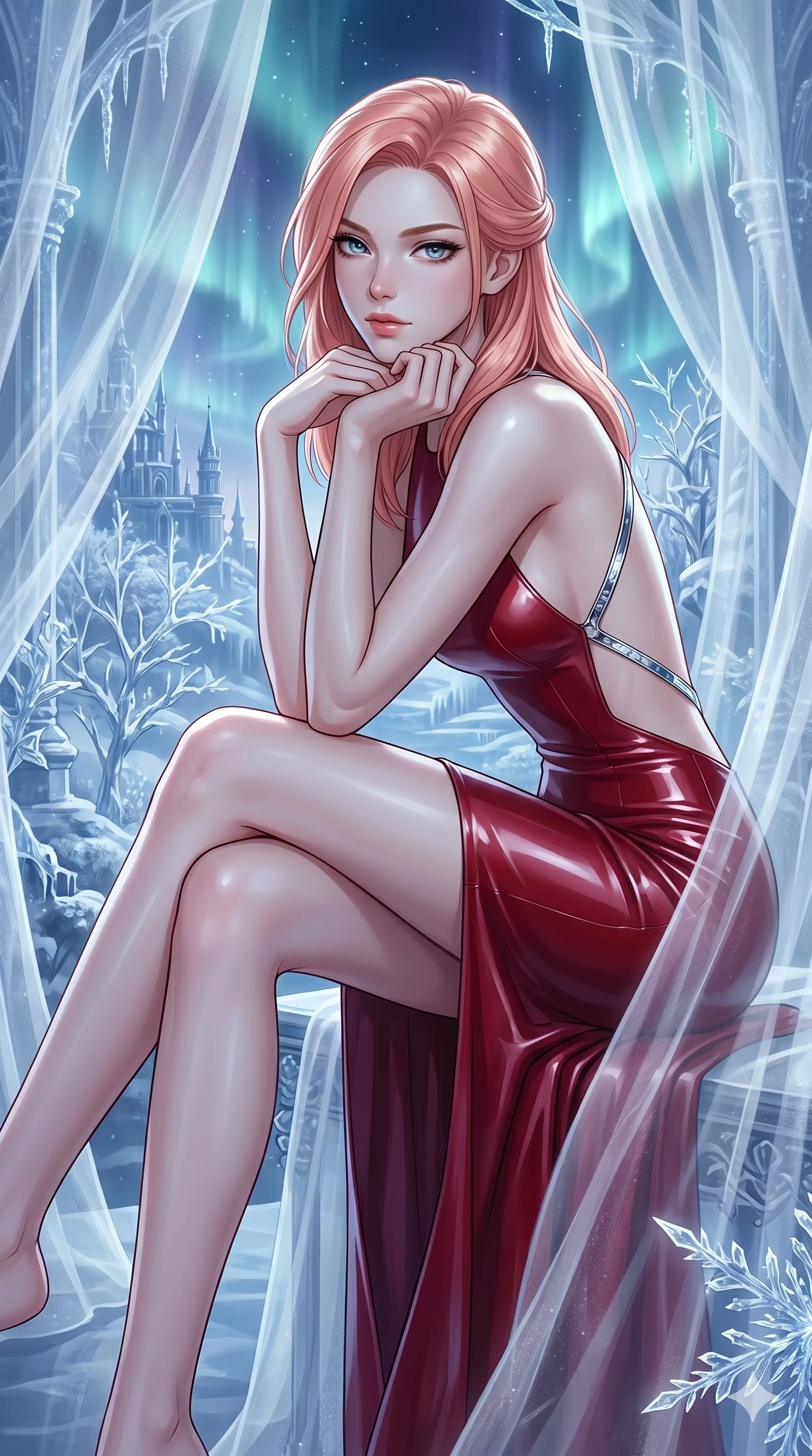 score_9, masterpiece, best quality, ultra-detailed, high-budget anime keyframe, editorial fashion photography, tasteful artistic composition, Japanese woman. cowboy shot from the thighs up, character and outfit filling the frame for maximum editorial presence. Resting her chin on the backs of her fingers in a confident pose within a dreamlike floating winter kingdom with frozen crystal trees and aurora skies. She has an absolutely perfect 8-heads proportion, an exceptionally tall and slender female figure with impossibly long slender legs and an ultra-slim waist. V-shaped jawline, high-bridge nose, intricate jewel-like eyes with depth, thick eyelashes, glossy lips with a natural sheen. wearing a structured deep-cherry-red fashion-latex fitted dress with a clean architectural front and a dramatic open-back design with a single criss-cross strap in chrome across the bare back. bathed in cold silver moonlight filtered through translucent gossamer curtains casting soft shadows on her curves. 2k, ultra detail, master piece, 9:16 ratio