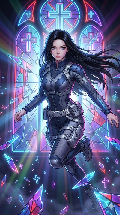 score_9, masterpiece, best quality, ultra-detailed, high-budget anime keyframe, Korean woman. Upper body close-up from the thighs up, character filling the screen for maximum presence. She is leaping through shattered stained glass of a neon-lit futu