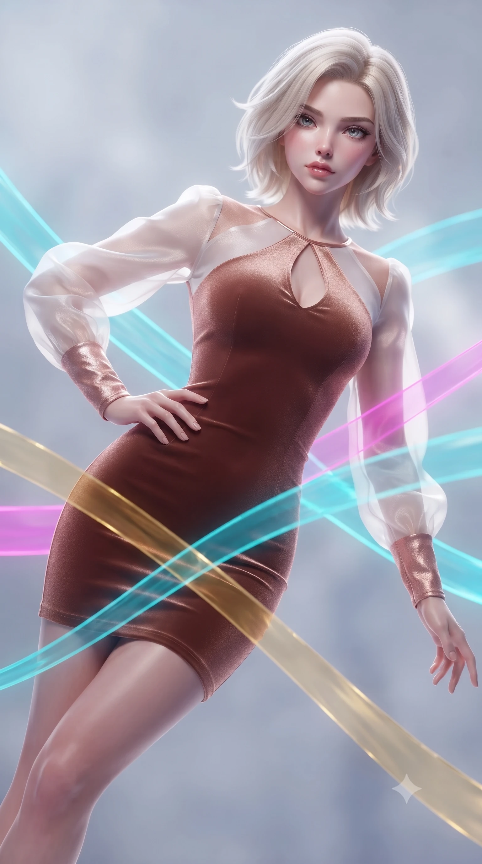 score_9, masterpiece, best quality, ultra-detailed, high-budget anime keyframe, editorial fashion photography, tasteful artistic composition, Caucasian woman. close-up cowboy shot from the waist and thighs up, the character dominates the composition, filling the frame with her large presence, background elements kept in soft focus. Holding a powerful dynamic pose with one hand on her hip and body angled dramatically toward the key light while floating dynamically in mid-air while weaving translucent cyan plasma ribbons around her body, fluorescent cyan, magenta, and gold plasma ribbons crossing in 3D space. She has an exceptionally elegant, slender, and willowy female figure with an ultra-slim waist, a gracefully sculpted slender torso, and a refined silhouette. sharp v-shaped jawline, high-bridge nose, intricate jewel-like eyes with depth, thick eyelashes, glossy lips with a natural sheen, flawlessly proportioned anatomical accuracy, natural body alignment, perfectly sculpted elegant limbs, clean dynamic posture without body distortion. wearing a sleek bodycon knit dress with strategic sheer organza sleeve panels in pearl white and rose gold, made of premium stretch velvet with a rich sheen, accented with a Tasteful chest slit framing her clavicle gracefully, the sleek second-skin texture accentuating her magnetic presence. surrounded by a vibrant fluorescent aura with bright specular rim lights. ultra-reflective glossy finish, specular highlights, metallic sheen, high-contrast stereoscopic depth, volumetric dynamic lighting, 2k, ultra detail, master piece, 9:16 ratio