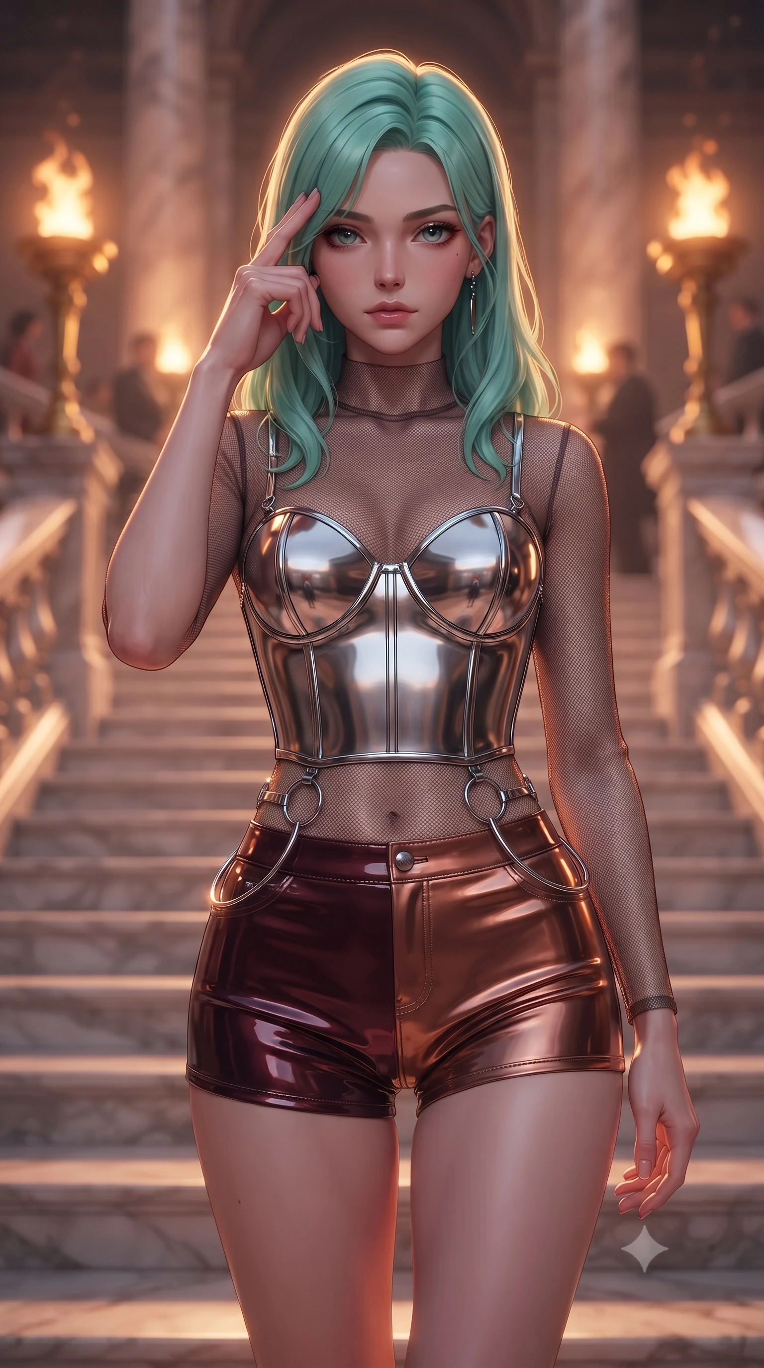 score_9, masterpiece, best quality, ultra-detailed, high-budget anime keyframe, editorial fashion photography, tasteful artistic composition, Japanese woman. close-up cowboy shot from the waist and thighs up, the character dominates the composition, filling the frame with her large presence, background elements kept in soft focus. Pressing two fingers to her temple in a composed thoughtful gesture with an air of magnetic charisma descending a grand marble staircase flanked by golden torch flames at dusk, soft rose-gold and amber sunset light reflecting off polished marble. She has an exceptionally elegant, slender, and willowy female figure with an ultra-slim waist, a gracefully sculpted slender torso, and a refined silhouette. sharp v-shaped jawline, high-bridge nose, intricate jewel-like eyes with depth, thick eyelashes, glossy lips with a natural sheen. wearing a chrome-plated structured bodice worn over a sheer mesh top and micro-shorts in deep burgundy and bronze, tailored from high-gloss patent leather, accented with delicate chrome ring hardware framing her waist, the elegant draped fit framing her graceful clavicle and slender torso. illuminated by soft glowing sunset radiance with dramatic golden rim highlights. ultra-reflective glossy finish, specular highlights, metallic sheen, high-contrast stereoscopic depth, volumetric dynamic lighting, 2k, ultra detail, master piece, 9:16 ratio