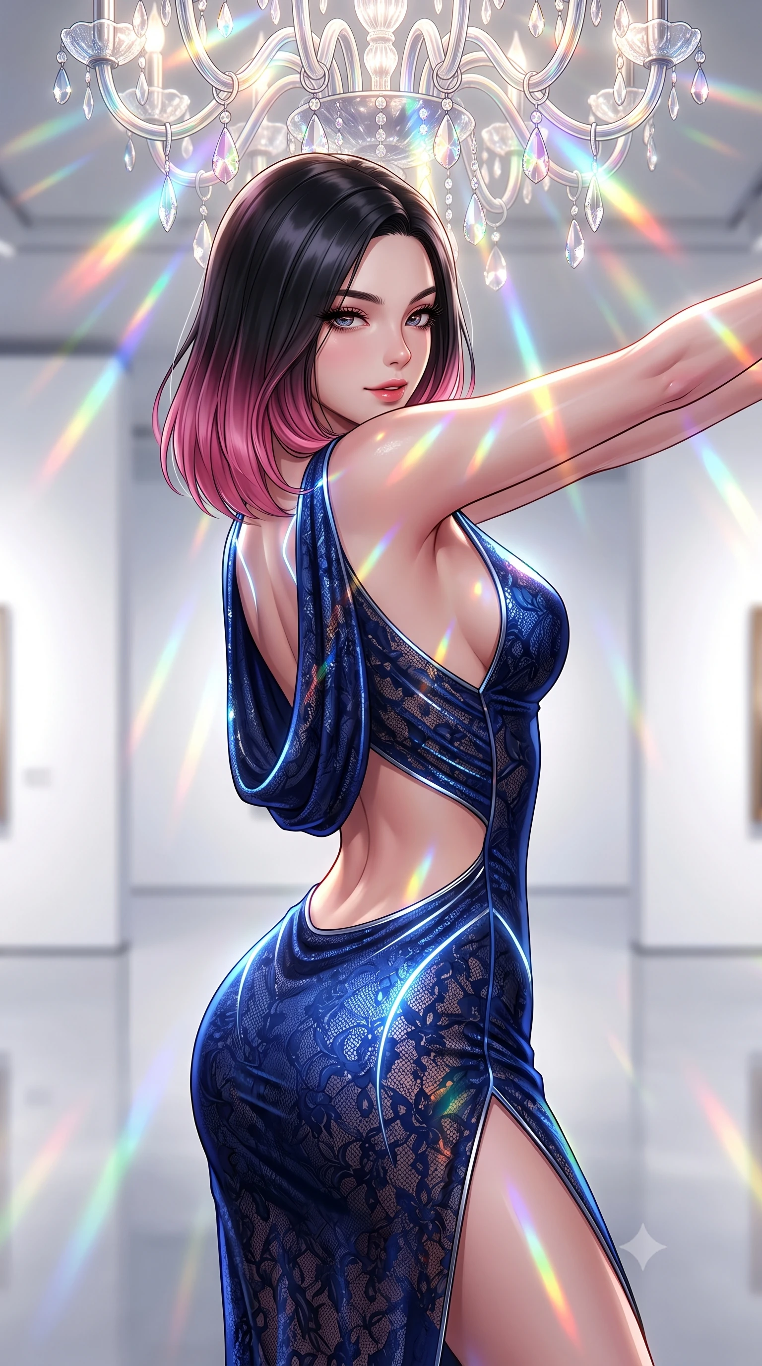 score_9, masterpiece, best quality, ultra-detailed, high-budget anime keyframe, semi-realistic 3D game render, editorial fashion photography, tasteful artistic composition, Korean woman. close-up cowboy shot from the waist and thighs up, the character dominates the composition, filling the frame with her large presence. stretching forward with an alluring arch of her spine, glancing over her shoulder with thick eyelashes and a smoldering half-smile while pausing beneath a crystal chandelier refracting sunlight into dazzling rainbow rays across her skin. The composition keeps background elements in soft focus with creamy bokeh. pristine white gallery walls and polished floor reflections softened by shallow cinematic focus. She has an exceptionally elegant, slender, and willowy female figure with an ultra-slim waist, a gracefully sculpted slender torso, toned flat midriff, and a refined slim silhouette. sharp v-shaped jawline, high-bridge nose, intricate jewel-like eyes with depth, thick eyelashes, glossy lips with a natural sheen, flawlessly proportioned anatomical accuracy, strict slender model proportions, natural body alignment, perfectly sculpted long slender limbs, ultra-slim waistline, clean dynamic posture without body distortion. wearing a precision-fitted liquid jersey bodycon dress with a dramatic draped cowl back that swoops down to her waist and a high side slit in deep royal navy blue and specular chrome, crafted from delicate dark lace interwoven with luminescent micro-fibers, accented with glowing fiber-optic seams tracing her collarbones and hip curves, the form-contouring material adhering flawlessly to her sculpted flat midriff and slender torso, emphasizing her long leg lines and perfectly proportioned willowy build. surrounded by a hyper-creative, radiant, and fiercely chic modern fashion editorial aura. highly saturated vibrant anime colors, detailed shading with soft gradients, rich glossy textures, high-contrast stereoscopic depth, volumetric dynamic lighting, master piece, 9:16 ratio