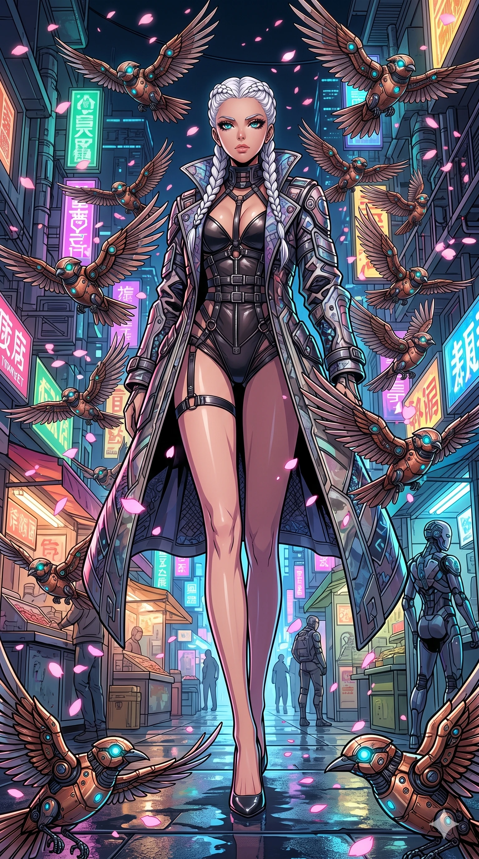 score_9, masterpiece, best quality, ultra-detailed, Set A: High-budget Anime Keyframe, Japanese woman. Low angle cowboy shot filling the entire 9:16 frame with her statuesque presence. Standing victoriously through a futuristic night market, surrounded by a whirlwind of 72 mechanical birds and surrounded by digital sakura petals. She has an absolutely perfect 8-heads proportion, an exceptionally tall and slender female figure with impossibly long slender legs and an ultra-slim waist. Sharp v-shaped jawline, high-bridge nose, intricate jewel-like eyes with depth, thick eyelashes, glossy lips with a natural sheen. Wearing Tech-noir trench coat worn open over a strappy leather bodysuit. Cinematic lighting, vibrant colors, dramatic shadows, 2k, ultra detail, master piece, 9:16 ratio