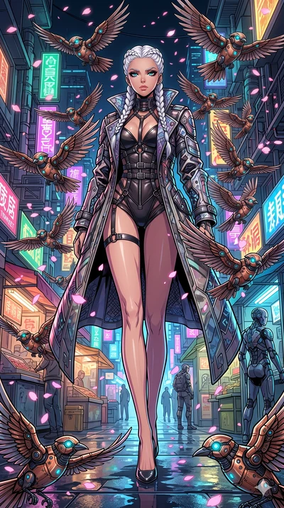 score_9, masterpiece, best quality, ultra-detailed, Set A: High-budget Anime Keyframe, Japanese woman. Low angle cowboy shot filling the entire 9:16 frame with her statuesque presence. Standing victoriously through a futuristic night market, surround