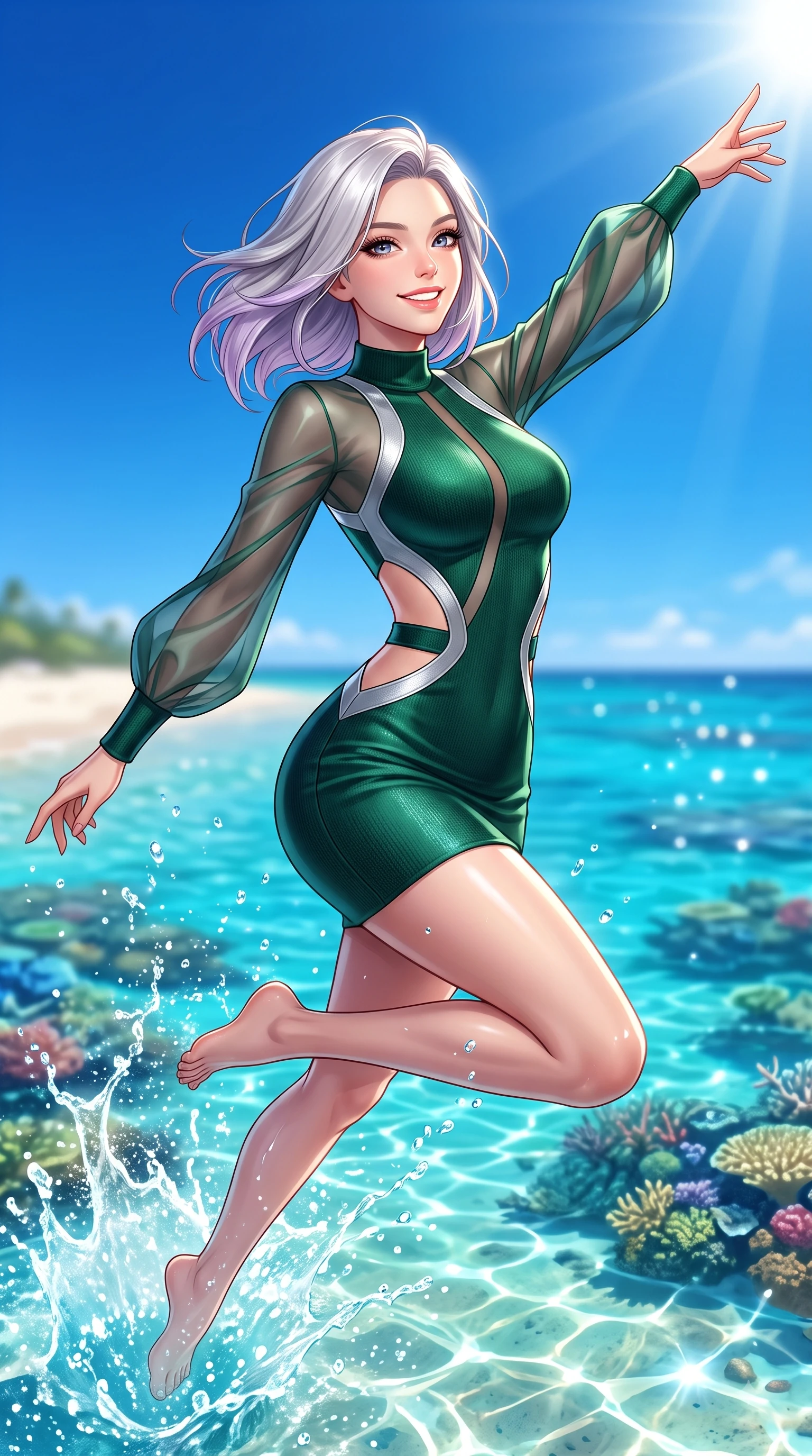 score_9, masterpiece, best quality, ultra-detailed, high-budget anime keyframe, editorial fashion photography, tasteful artistic composition, Caucasian woman. close-up cowboy shot from the waist and thighs up, the character dominates the composition, filling the frame with her large presence, background elements kept in soft focus. Extending one arm in an elegant stretch toward the sun while smiling with vibrant, magnetic self-assurance while leaping with a radiant bright smile into the sparkling sea spray under a clear blue sky, crystal-clear turquoise water revealing vibrant coral reefs shimmering beneath bright sunbeams. She has an exceptionally elegant, slender, and willowy female figure with an ultra-slim waist, a gracefully sculpted slender torso, and a refined silhouette. sharp v-shaped jawline, high-bridge nose, intricate jewel-like eyes with depth, thick eyelashes, glossy lips with a natural sheen, flawlessly proportioned anatomical accuracy, natural body alignment, perfectly sculpted elegant limbs, clean dynamic posture without body distortion. wearing a sleek bodycon knit dress with strategic sheer organza sleeve panels in deep emerald green and silver accent, crafted from smooth liquid silk, featuring clean architectural cutouts along her slender torso, the glove-like fit emphasizing her statuesque silhouette during motion. surrounded by a bright, pristine beach ambiance with cheerful specular highlights. highly saturated vibrant anime colors, detailed shading with soft gradients, rich glossy textures, high-contrast stereoscopic depth, volumetric dynamic lighting, master piece, 9:16 ratio