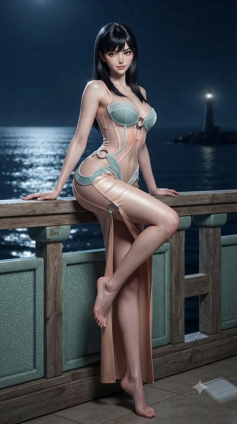 score_9, masterpiece, best quality, ultra-detailed, high-budget anime keyframe, editorial fashion photography, tasteful artistic composition, Caucasian woman. low angle full-body shot from head to toe showing her feet, filling the entire 9:16 vertical frame with her statuesque presence, stretching her vertical silhouette. leaning deep against the balcony balustrade with hips cocked back in an unapologetically alluring high-fashion stance, casting an intoxicating glance while perched sideways on the balcony balustrade, one knee drawn up to showcase her slender leg line while her arched back accentuates her feminine curves. The surrounding environment is rendered in vivid detail and crisp panoramic clarity: sharp celadon porcelain crackle glaze, weathered cedar railing grain, and distant lighthouse beacon in deep focus. She has an absolutely perfect, statuesque 8.5-heads proportion, an exceptionally tall and slender model-like female figure with impossibly long slender legs, an ultra-slim waist, a flat toned midriff, narrow delicate ribcage, and beautifully sculpted feminine hips creating a graceful, slim hourglass silhouette without any bulky heaviness. sharp v-shaped jawline, high-bridge nose, sparkling eyes with hypnotic seductive depth, thick curled eyelashes, glossy parted lips with a natural dewy peach sheen, alluring bedroom-eyes with an enchanting coquettish smile, exuding magnetic siren charisma and sophisticated glamour, flawlessly proportioned anatomical accuracy, strict slender model proportions, natural body alignment, perfectly sculpted long slender limbs, ultra-slim waistline, clean dynamic posture without body distortion. wearing a sheer-illusion mesh corset gown with strategic opaque velvet hanbok panels framing her waist and hips in pastel peach blossom and celadon porcelain blue, made of supple butter-soft lambskin leather with a subtle satin sheen, accented with sculptural chrome hardware rings framing the subtle cutouts, the glove-like clinging cut tightly following the natural contour of her hips and long slender legs with youthful 8.5-heads elegance. bathed in high-intensity silver moonlight reflecting off open ocean waters. ultra-reflective glossy finish, specular highlights, rich textural contrasts, high-contrast stereoscopic depth, volumetric dynamic lighting, 2k, ultra detail, master piece, 9:16 ratio