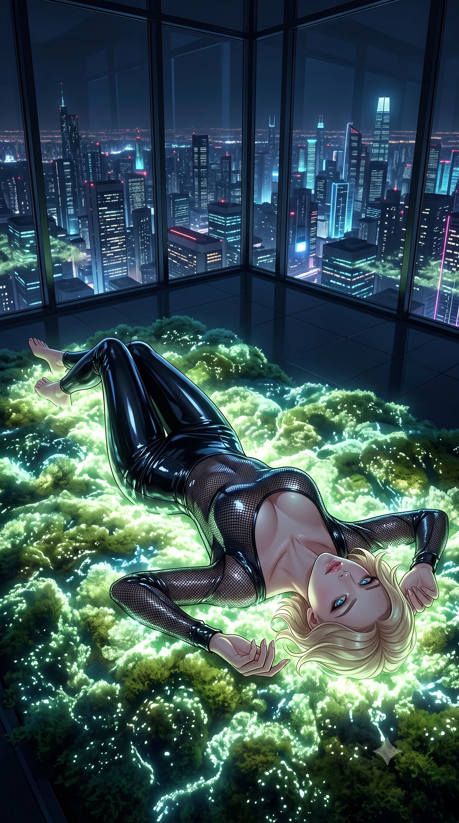 score_9, masterpiece, best quality, ultra-detailed, High-budget Anime Keyframe, Caucasian woman, strictly human ears. Low angle cowboy shot filling the entire 9:16 frame with her statuesque presence. Scenario 313: lying gracefully on a bed of bioluminescent moss inside a luxury penthouse with floor-to-ceiling glass walls overlooking a neon grid. Her presence is magnetic and overpowering in this high-budget anime scene. Outfit 313: a form-contouring patent leather micro-mesh with a low-cut shoulder and wet-look texture. The clothing is designed to emphasize her exceptionally tall and slender 8-heads proportion. 8-heads proportion, towering silhouette, ultra-slim waist. sharp v-shaped jawline, intricate jewel-like eyes with depth, thick eyelashes, glossy lips. 2k, ultra detail, master piece, 9:16 ratio