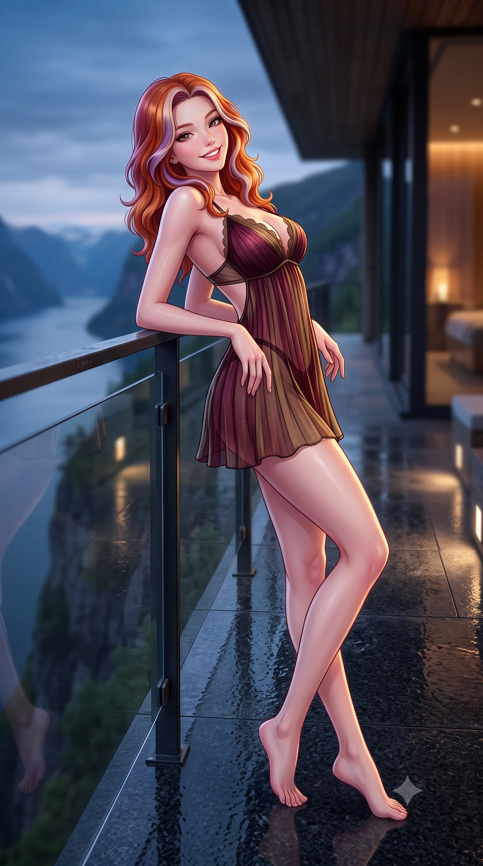 score_9, masterpiece, best quality, ultra-detailed, high-budget anime keyframe, semi-realistic 3D game render, editorial fashion photography, tasteful artistic composition, Caucasian woman. low angle full-body shot from head to toe showing her feet, filling the entire 9:16 vertical frame with her statuesque presence, stretching her vertical silhouette. leaning deep against the balcony balustrade with hips cocked back in an unapologetically alluring high-fashion stance, casting an intoxicating glance while standing poised at the edge of the dark granite infinity edge jutting over the sheer fjord cliff, arching her back with high-fashion ease. The background shows a soft-focus concealed floor downlights softened in Scandinavian minimalist spa shallow focus. She has an exceptionally tall and slender model-like 8.5-heads proportion, an ultra-slim waist, a flat toned midriff, narrow delicate ribcage, and beautifully sculpted feminine hips creating a graceful, slim hourglass silhouette without any bulky heaviness, with impossibly long slender legs. sharp v-shaped jawline, high-bridge nose, intricate jewel-like sparkling eyes with depth, thick eyelashes, glossy parted lips with a natural peach sheen, bright cheerful beaming smile with an enchanting and coquettish sensual glint, exuding both youthful cute charm and seductive allure, flawlessly proportioned anatomical accuracy, strict slender model proportions, natural body alignment, perfectly sculpted long slender limbs, ultra-slim waistline, clean dynamic posture without body distortion. wearing a form-contouring sheer pleated georgette baby-doll slip with plunging sweetheart neckline and scalloped lace trim in French boudoir bordeaux wine and antique brass, woven from stretch metallic lurex jersey casting radiant starlight glints across her curves, finished with scalloped eyelash lace trim framing her sweetheart neckline with intimate elegance, the precision-cut side openings and low-back scoop framing her graceful spine and the sensual sweep of her slim, toned hips. illuminated by still water mirror bounce and sharp platinum-gold rim lights sculpting her features, flat midriff, and slender waist. highly saturated vibrant anime colors, detailed shading with soft gradients, rich glossy textures, high-contrast stereoscopic depth, volumetric dynamic lighting, master piece, 9:16 ratio