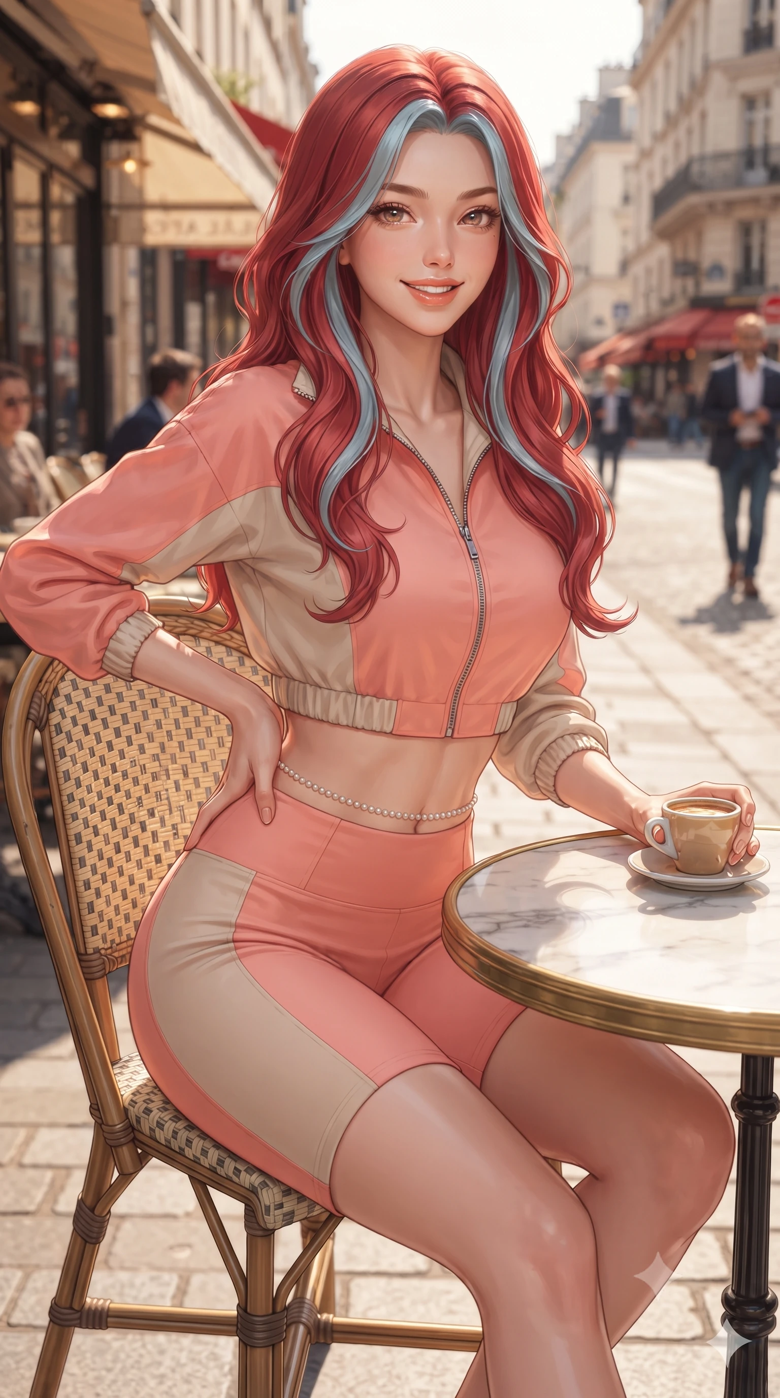 score_9, masterpiece, best quality, ultra-detailed, high-budget anime keyframe, editorial fashion photography, tasteful artistic composition, Caucasian woman. close-up cowboy shot from the waist and thighs up, the character dominates the composition, filling the frame with her large presence. twisting her slender torso in an alluring contrapposto stance, one hand resting on her sculpted hip while flashing a radiant, playful smile with parted glossy lips while sitting gracefully at a small round marble bistro table on the sidewalk, arching her lower back with a charming, sophisticated cute smile. The surrounding environment is rendered in vivid detail and crisp panoramic clarity. sharp marble tabletop veining, brass table edging, and woven bistro chair cane textures in deep focus. She has an exceptionally elegant, slender, and willowy female figure with an ultra-slim waist, flat toned midriff, narrow ribcage, and sculpted feminine hips creating an alluring, slim hourglass silhouette without bulk. sharp v-shaped jawline, high-bridge nose, intricate jewel-like sparkling eyes with depth, thick eyelashes, glossy parted lips with a natural peach sheen, bright cheerful beaming smile with an enchanting and coquettish sensual glint, exuding both youthful cute charm and seductive allure, flawlessly proportioned anatomical accuracy, strict slender model proportions, natural body alignment, perfectly sculpted long slender limbs, ultra-slim waistline, clean dynamic posture without body distortion. wearing a sporty chic zip-up crop jacket paired with high-waisted biker shorts clinging to her athletic hips in warm coral pink and soft oatmeal beige, tailored from fine lightweight chiffon that flutters gently in the breeze, accented with a dainty pearl waist chain catching the ambient sunlight, the form-fitting cut adhering flawlessly to her sculpted flat midriff and slender torso, emphasizing her long leg lines and perfectly proportioned willowy build. illuminated by warm sidewalk bounce light contouring her sculpted cheekbones, ultra-slim waist, and curvy hips. ultra-reflective glossy finish, specular highlights, rich textural contrasts, high-contrast stereoscopic depth, volumetric dynamic lighting, 2k, ultra detail, master piece, 9:16 ratio