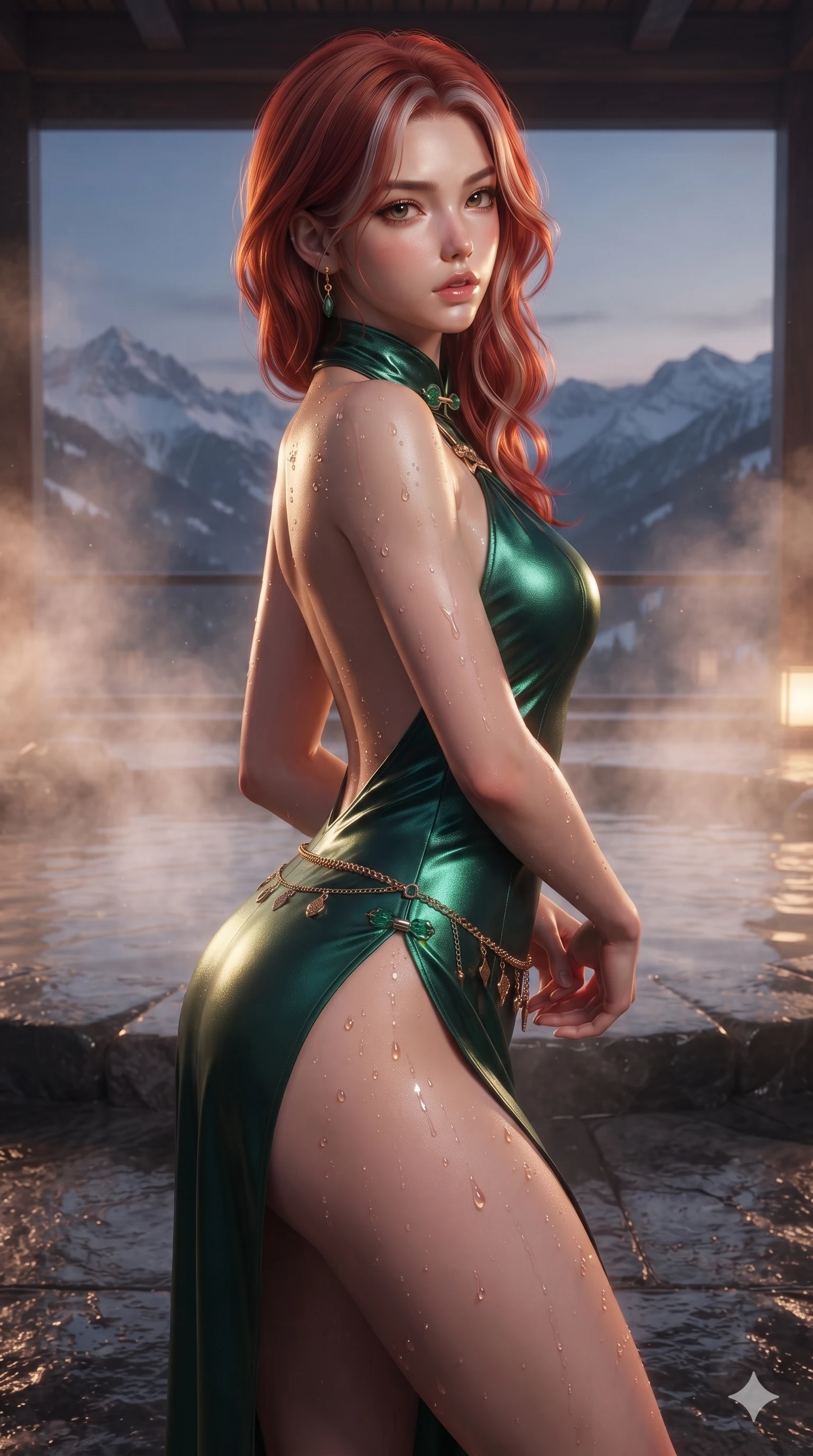 score_9, masterpiece, best quality, ultra-detailed, high-budget anime keyframe, editorial fashion photography, tasteful artistic composition, Caucasian woman. close-up cowboy shot from the waist and thighs up, the character dominates the composition, filling the frame with her large presence. twisting her slender torso in a deep contrapposto stance, hips dramatically shifted to accentuate her feminine curves while looking past her shoulder with smoldering bedroom-eyes while twisting her slender torso in an alluring contrapposto stance, warm water droplets and mineral glints sparkling across her flat midriff and hourglass curves. The surrounding environment is rendered in vivid detail and crisp panoramic clarity: intricate sheer vintage mesh dress tailoring, delicate chain belt accents, and high-altitude hot spring architecture in razor-sharp precision. She has an exceptionally elegant, slender, and willowy female figure with an ultra-slim waist, flat toned midriff, narrow ribcage, and sculpted feminine hips creating an alluring, slim hourglass silhouette without bulk. sharp v-shaped jawline, high-bridge nose, intricate jewel-like sparkling eyes with depth, thick eyelashes, glossy parted lips with a natural sheen, intensely captivating and seductive bedroom-eyes expression, exuding both youthful cute charm and sovereign luxury allure, flawlessly proportioned anatomical accuracy, strict slender model proportions, natural body alignment, perfectly sculpted long slender limbs, ultra-slim waistline, clean dynamic posture without body distortion. wearing an alluring backless metallic lamé halterneck mini dress with deep scoop back down to her lower spine and thigh-high slit in deep emerald green satin and gold hardware accents, made of fluid liquid jersey with seamless sculpting hold and smooth contours, finished with sleek jade frog closures glinting along her high collar, the impeccably tailored cut draping gracefully along her slender figure with aristocratic poise. illuminated by wet stone reflection bounce and sharp silver-amber rim lights sculpting her razor-sharp jawline, narrow waist, and curvy hips. ultra-reflective glossy finish, specular highlights, rich textural contrasts, high-contrast stereoscopic depth, volumetric dynamic lighting, 2k, ultra detail, master piece, 9:16 ratio