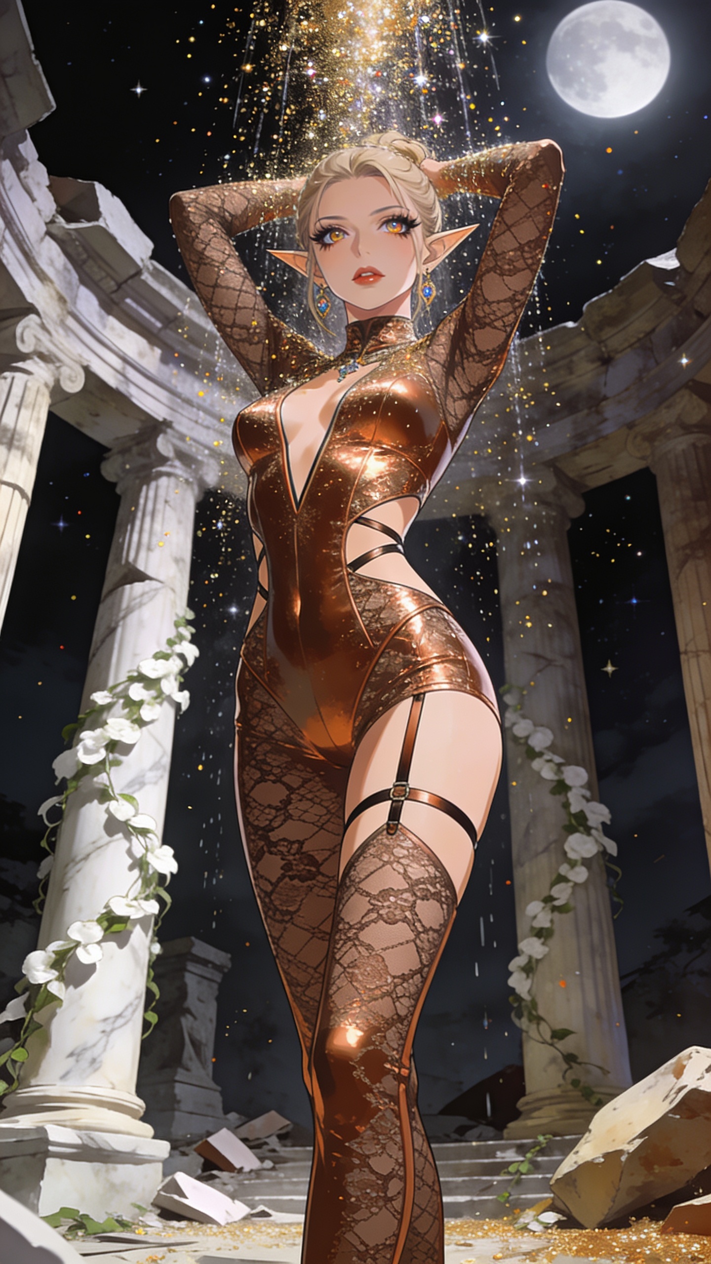 score_9, masterpiece, best quality, ultra-detailed, High-budget Anime Keyframe, Caucasian woman, strictly human ears. Low angle cowboy shot filling the entire 9:16 frame with her statuesque presence. Scenario 489: showering under a cascade of glittering gold stardust inside a moonlit ancient temple with collapsing marble pillars and white ivy. Her presence is magnetic and overpowering in this high-budget anime scene. Outfit 489: a tailored metallic copper micro-mesh lace catsuit with strategic waist cut-outs and slender leg straps. The clothing is designed to emphasize her exceptionally tall and slender 8-heads proportion. 8-heads proportion, towering silhouette, ultra-slim waist. sharp v-shaped jawline, intricate jewel-like eyes with depth, thick eyelashes, glossy lips. 2k, ultra detail, master piece, 9:16 ratio