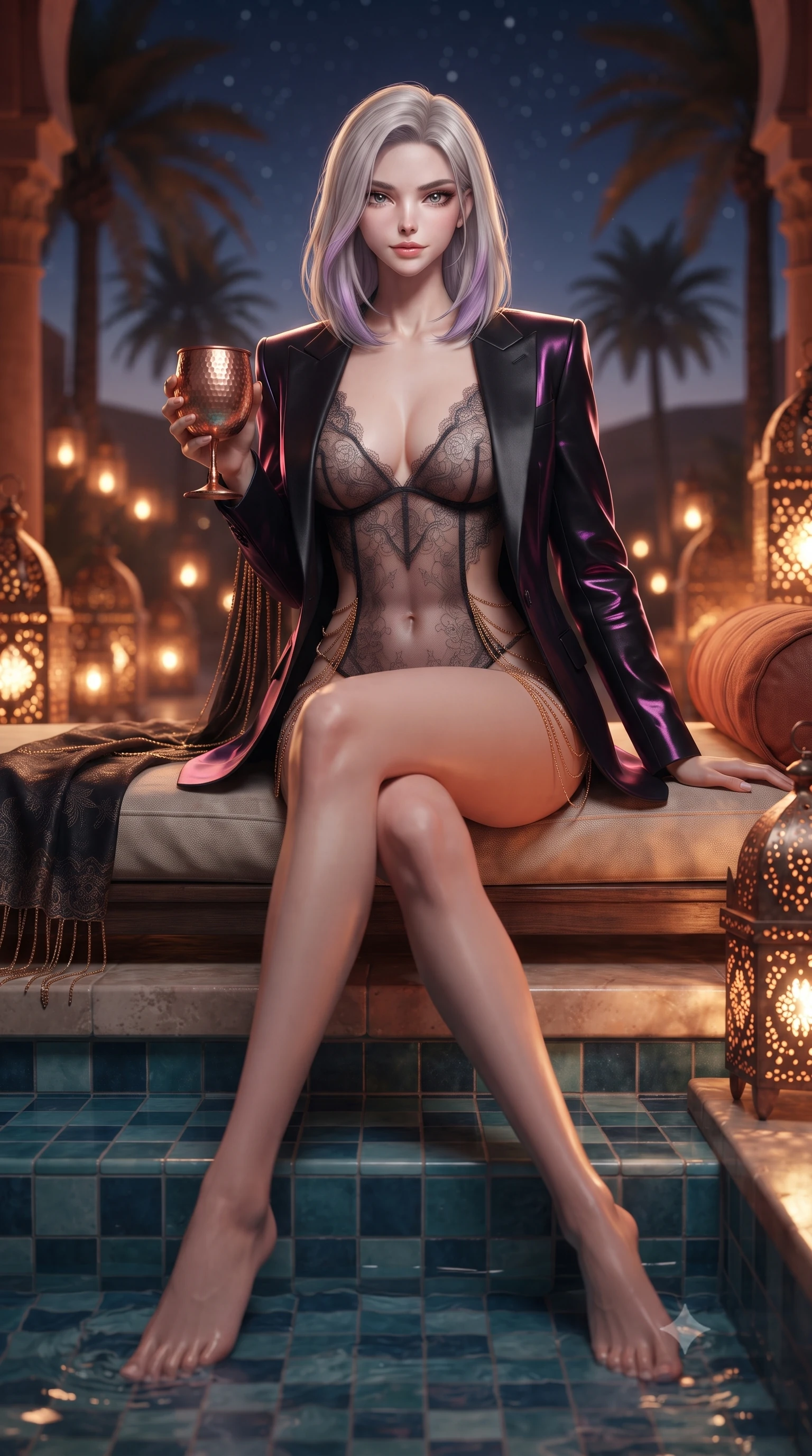score_9, masterpiece, best quality, ultra-detailed, high-budget anime keyframe, editorial fashion photography, tasteful artistic composition, Caucasian woman. low angle full-body shot from head to toe showing her feet, filling the entire 9:16 vertical frame with her statuesque presence, stretching her vertical silhouette. lounging on the lavish daybed with legs crossed and hips angled toward the camera, displaying her toned midriff and long slender limbs with effortless siren poise while sitting perched on the zellij-tiled pool steps with water lapping at her thighs, holding a hammered copper goblet with effortless coquettish cool. The background shows a soft-focus flickering bronze Moroccan lanterns, towering silhouette palms, and starry desert sky blurred into terracotta, amber, and deep cobalt bokeh. She has an absolutely perfect, statuesque 8.5-heads proportion, an exceptionally tall and slender model-like female figure with impossibly long slender legs, an ultra-slim waist, a flat toned midriff, narrow delicate ribcage, and beautifully sculpted feminine hips creating a graceful, slim hourglass silhouette without any bulky heaviness. sharp v-shaped jawline, high-bridge nose, sparkling eyes with hypnotic seductive depth, thick curled eyelashes, glossy parted lips with a natural dewy peach sheen, alluring bedroom-eyes with an enchanting coquettish smile, exuding magnetic siren charisma and sophisticated glamour, flawlessly proportioned anatomical accuracy, strict slender model proportions, natural body alignment, perfectly sculpted long slender limbs, ultra-slim waistline, clean dynamic posture without body distortion. wearing a delicate sheer French Chantilly lace teddy layered under an open tailored tuxedo blazer draped over bare shoulders in wet-look onyx black with electric magenta reflections, tailored from fine structural neoprene with crisp architectural edges and smooth contouring, accented with an open-back drape framed by falling strands of delicate gold chains, the glove-like clinging cut tightly following the natural contour of her hips and long slender legs with youthful 8.5-heads elegance. bathed in the warm intimate glow of dozens of perforated bronze candle lanterns. ultra-reflective glossy finish, specular highlights, rich textural contrasts, high-contrast stereoscopic depth, volumetric dynamic lighting, 2k, ultra detail, master piece, 9:16 ratio