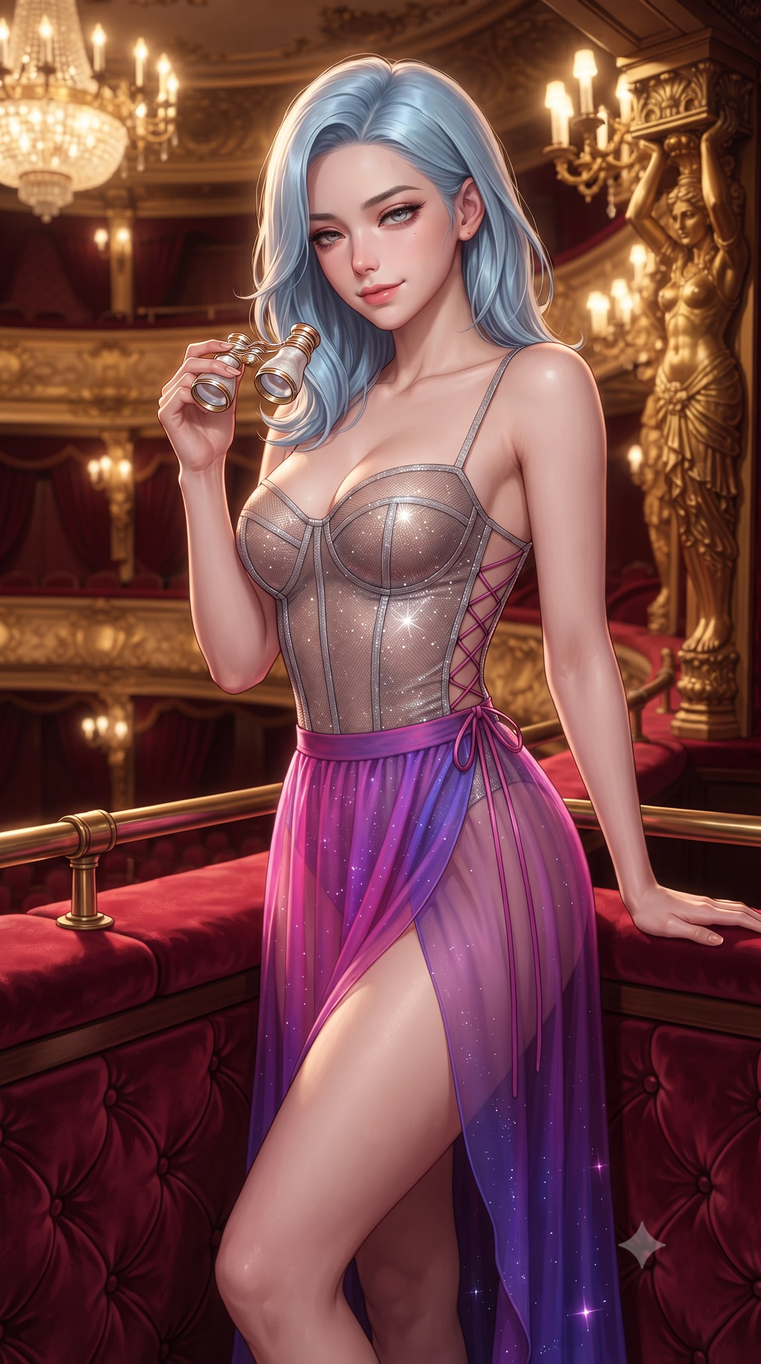 score_9, masterpiece, best quality, ultra-detailed, high-budget anime keyframe, editorial fashion photography, tasteful artistic composition, Korean woman. close-up cowboy shot from the waist and thighs up, the character dominates the composition, filling the frame with her large presence. tilting her head with a teasing half-smile, running one hand slowly down the side of her hip in a flirtatious S-curve as ambient light caresses her silhouette while leaning against the padded crimson velvet balustrade with hips cocked back, holding mother-of-pearl opera glasses with heavy-lidded smoldering eyes. The surrounding environment is rendered in vivid detail and crisp panoramic clarity: sharp hand-carved gilded caryatid moldings on box pillars, deep button-tufted crimson velvet upholstery, and brass rail joints in deep focus. She has an exceptionally elegant, slender, and willowy female figure with an ultra-slim waist, flat toned midriff, narrow ribcage, and sculpted feminine hips creating an alluring, slim hourglass silhouette without bulk. sharp v-shaped jawline, high-bridge nose, intricate jewel-like sparkling eyes with depth, thick eyelashes, glossy parted lips with a natural peach sheen, bright cheerful beaming smile with an enchanting and coquettish sensual glint, exuding both youthful cute charm and seductive allure, flawlessly proportioned anatomical accuracy, strict slender model proportions, natural body alignment, perfectly sculpted long slender limbs, ultra-slim waistline, clean dynamic posture without body distortion. wearing a provocative translucent mesh corset bodice with boned satin channels paired with a sheer chiffon wrap maxi skirt in Supertree bioluminescent magenta and electric violet, woven from stretch metallic lurex jersey casting radiant starlight glints across her curves, featuring fine criss-cross lace-up side ties revealing tantalizing glimpses of her hip curve, the precision-cut side openings and low-back scoop framing her graceful spine and the sensual sweep of her slim, toned hips. bathed in the opulent golden 2700K incandescent glow of the auditorium chandeliers mixed with soft box interior sconces. ultra-reflective glossy finish, specular highlights, rich textural contrasts, high-contrast stereoscopic depth, volumetric dynamic lighting, 2k, ultra detail, master piece, 9:16 ratio