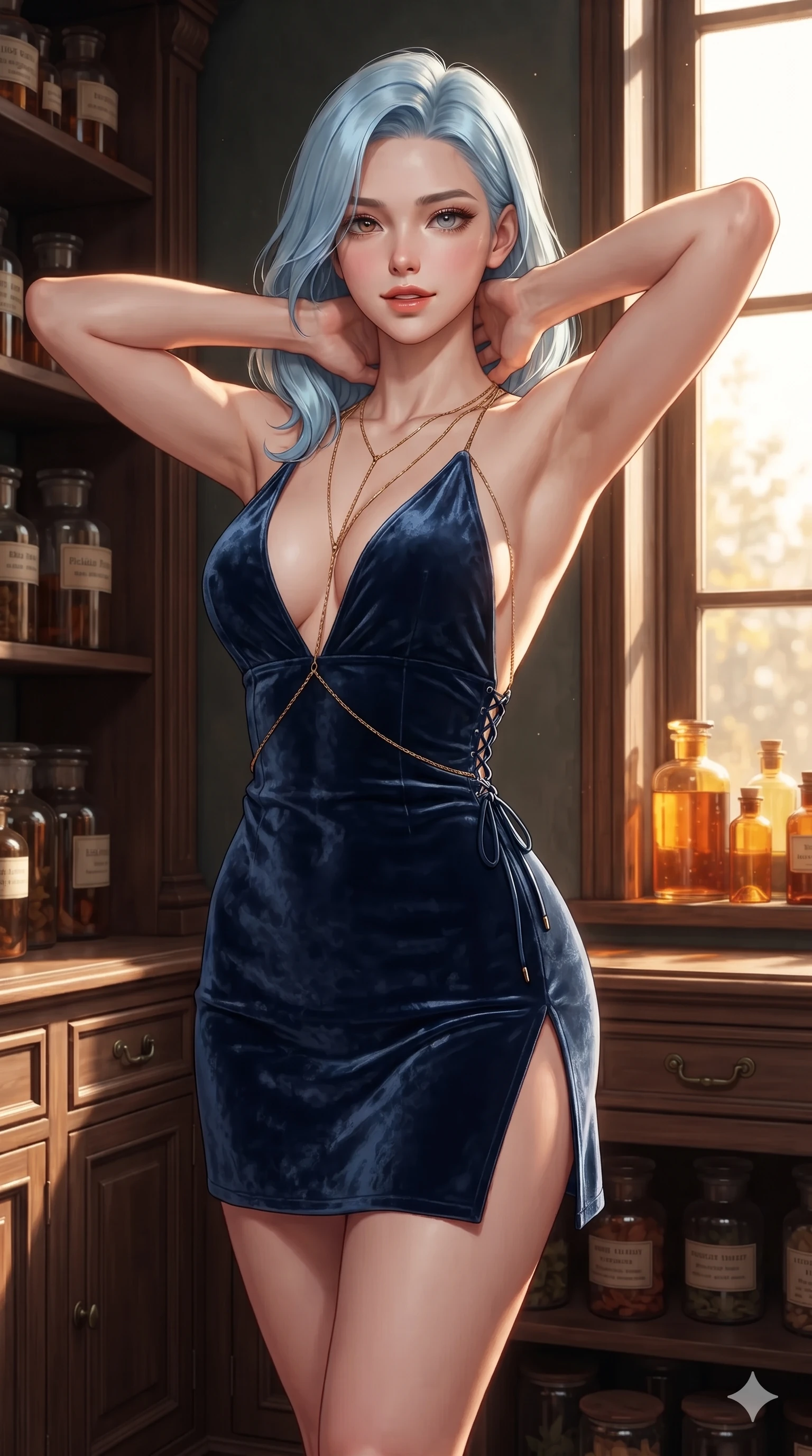 score_9, masterpiece, best quality, ultra-detailed, high-budget anime keyframe, editorial fashion photography, tasteful artistic composition, Korean woman. close-up cowboy shot from the waist and thighs up, the character dominates the composition, filling the frame with her large presence. resting both hands lightly behind her neck with elbows raised, arching her spine to highlight her narrow waist, flat midriff, and breathtaking collarbones while standing poised between floor-to-ceiling herb shelves, arching her spine with dancer poise as amber sunlight illuminates her curves. The surrounding environment is rendered in vivid detail and crisp panoramic clarity: detailed tailored velvet bustier tailoring, side lace-up ties, and historic apothecary woodwork in razor-sharp clarity. She has an exceptionally elegant, slender, and willowy female figure with an ultra-slim waist, flat toned midriff, narrow ribcage, and sculpted feminine hips creating an alluring, slim hourglass silhouette without bulk. sharp v-shaped jawline, high-bridge nose, sparkling eyes with hypnotic seductive depth, thick curled eyelashes, glossy parted lips with a natural dewy peach sheen, alluring bedroom-eyes with an enchanting coquettish smile, exuding magnetic siren charisma and sophisticated glamour, flawlessly proportioned anatomical accuracy, strict slender model proportions, natural body alignment, perfectly sculpted long slender limbs, ultra-slim waistline, clean dynamic posture without body distortion. wearing a backless crushed velvet mini dress with a deep plunging neckline and hip-high thigh slit in French Riviera navy and crisp champagne ivory, tailored from heavy double-faced silk georgette with an exceptionally fluid drape, accented with a gold body chain harness subtly framing her dewy collarbones and spine, the form-contouring silhouette accentuating her sculpted flat midriff, narrow delicate ribcage, and gracefully curvy hips with intoxicating allure. bathed in rich amber light glowing through dozens of liquid-filled glass bottles on sunlit window sills. ultra-reflective glossy finish, specular highlights, rich textural contrasts, high-contrast stereoscopic depth, volumetric dynamic lighting, 2k, ultra detail, master piece, 9:16 ratio