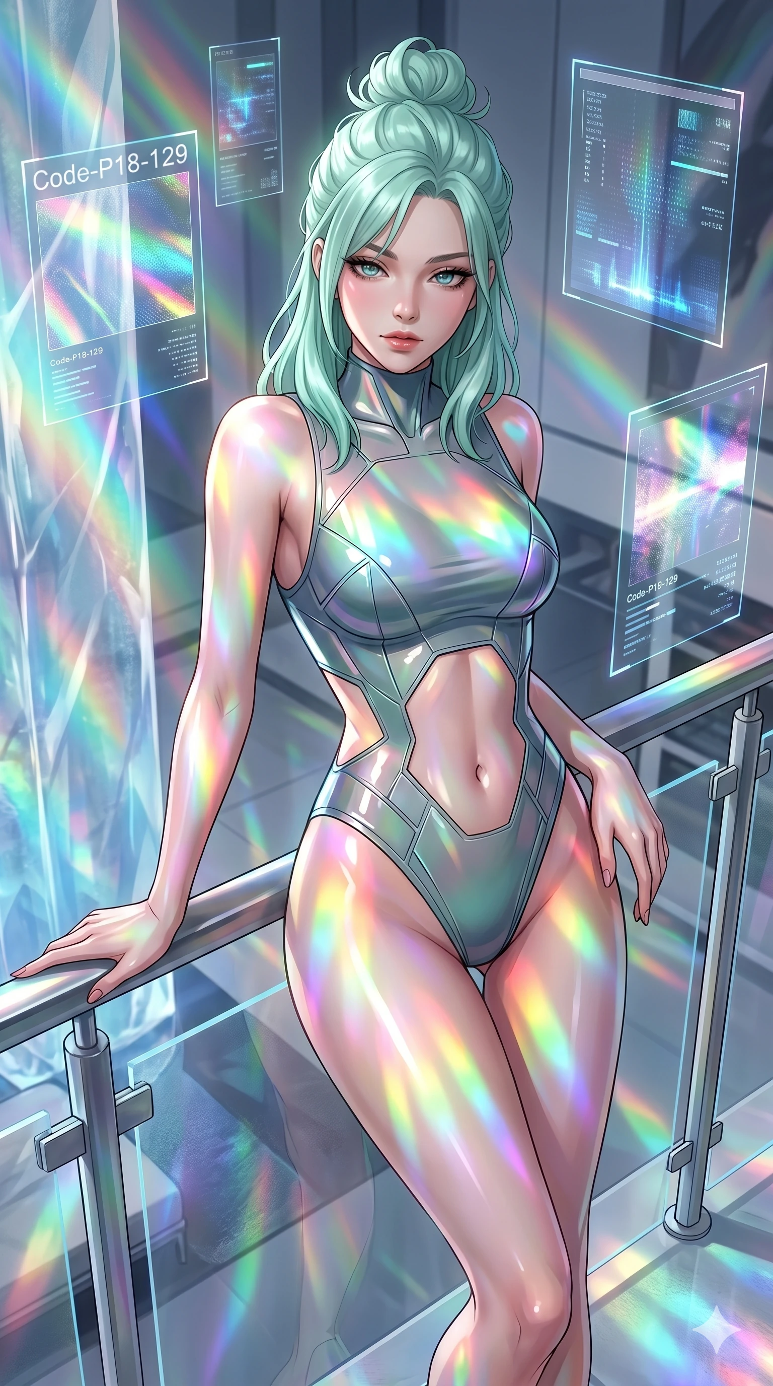 score_9, masterpiece, best quality, ultra-detailed, high-budget anime keyframe, editorial fashion photography, tasteful artistic composition, Japanese woman. cowboy shot from the thighs up, character and outfit filling the frame for maximum editorial presence. resting one hand on the metal railing, casting a slow, bedroom-eyes gaze inside a futuristic penthouse suite with floating holographic art frames (Code-P18-129). She has an absolutely perfect 8-heads proportion, an exceptionally tall and slender female figure with impossibly long slender legs and an ultra-slim waist. V-shaped jawline, high-bridge nose, intricate jewel-like eyes with depth, thick eyelashes, glossy lips with a natural sheen. wearing a sleek latex bodysuit with high-cut lines and exposed waist. cascading rainbow prismatic light refracting through ice, painting colors on her body. 2k, ultra detail, master piece, 9:16 ratio