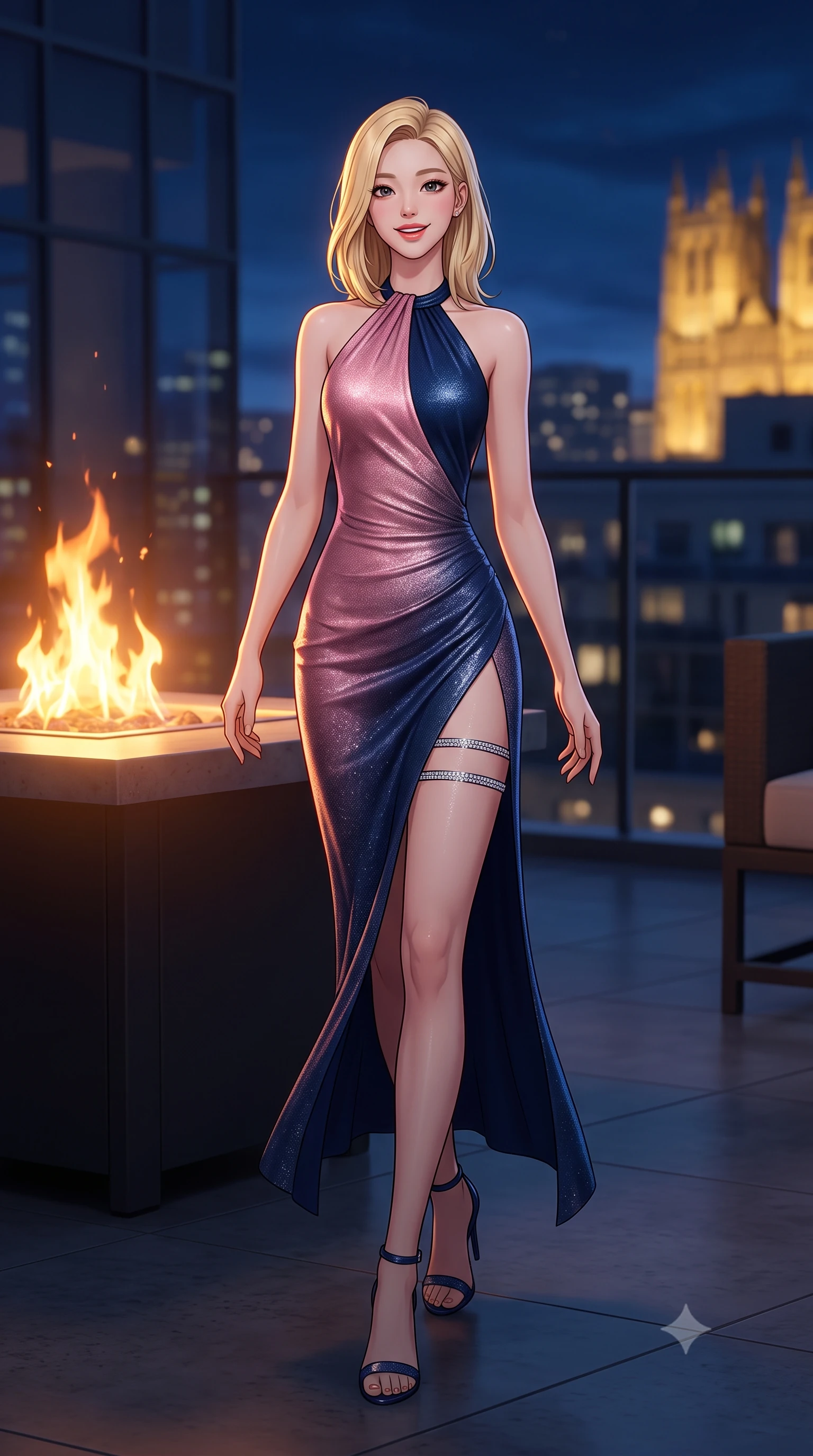 score_9, masterpiece, best quality, ultra-detailed, high-budget anime keyframe, semi-realistic 3D game render, editorial fashion photography, tasteful artistic composition, Korean woman. low angle full-body shot from head to toe showing her feet, filling the entire 9:16 vertical frame with her statuesque presence, stretching her vertical silhouette. stepping slowly toward the camera with hypnotic grace, hips swaying in an alluring sensual rhythm that accentuates her curvy hourglass silhouette and long slender legs while twisting her slender torso in an alluring contrapposto stance beside the rooftop fire table, golden flame ribbons tracing her narrow waist and hips. The background shows a soft-focus minimalist fire table flames softened in contemporary penthouse aerie shallow focus. She has an exceptionally tall and slender model-like 8.5-heads proportion, an ultra-slim waist, a flat toned midriff, narrow delicate ribcage, and beautifully sculpted feminine hips creating a graceful, slim hourglass silhouette without any bulky heaviness, with impossibly long slender legs. sharp v-shaped jawline, high-bridge nose, intricate jewel-like sparkling eyes with depth, thick eyelashes, glossy parted lips with a natural peach sheen, bright cheerful beaming smile with an enchanting and coquettish sensual glint, exuding both youthful cute charm and seductive allure, flawlessly proportioned anatomical accuracy, strict slender model proportions, natural body alignment, perfectly sculpted long slender limbs, ultra-slim waistline, clean dynamic posture without body distortion. wearing a backless halterneck cocktail dress with deep scoop back down to her lower spine and thigh-high slit in Brittany pink granite rose and deep Atlantic navy, woven from stretch metallic lurex jersey casting radiant starlight glints across her curves, finished with delicate crystal-encrusted thigh garter straps glinting in the dim light, the impeccably tailored cut draping gracefully along her slender figure with aristocratic poise. bathed in the contrast of warm 2200K fire table hearth glow and cool midnight sky fill with golden cathedral floodlights. highly saturated vibrant anime colors, detailed shading with soft gradients, rich glossy textures, high-contrast stereoscopic depth, volumetric dynamic lighting, master piece, 9:16 ratio