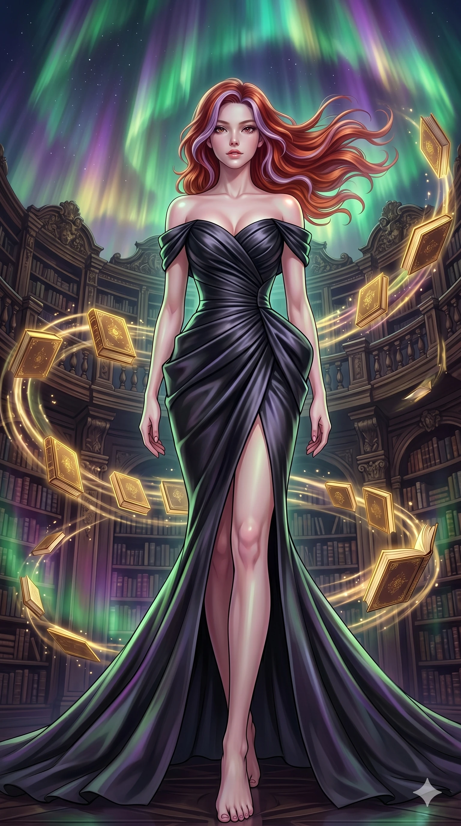 score_9, masterpiece, best quality, ultra-detailed, high-budget anime keyframe, editorial fashion photography, tasteful artistic composition, Caucasian woman, strictly human ears. low angle full-body shot from head to toe showing her feet, filling the entire 9:16 vertical frame with her statuesque presence, stretching her vertical silhouette. Walking in slow-motion with dramatic hair movement behind her amidst a baroque library where glowing golden books orbit in slow spiral patterns. She has an absolutely perfect 8-heads proportion, an exceptionally tall and slender female figure with impossibly long slender legs and an ultra-slim waist. V-shaped jawline, high-bridge nose, intricate jewel-like eyes with depth, thick eyelashes, glossy lips with a natural sheen. wearing an off-shoulder fitted mermaid gown in black pearl satin with sculptural ruched bodice, dramatic hip emphasis, and a fluted fishtail hem with a daring high front slit. illuminated by a shifting aurora palette of green, violet, and gold from above, wrapping her in color. 2k, ultra detail, master piece, 9:16 ratio
