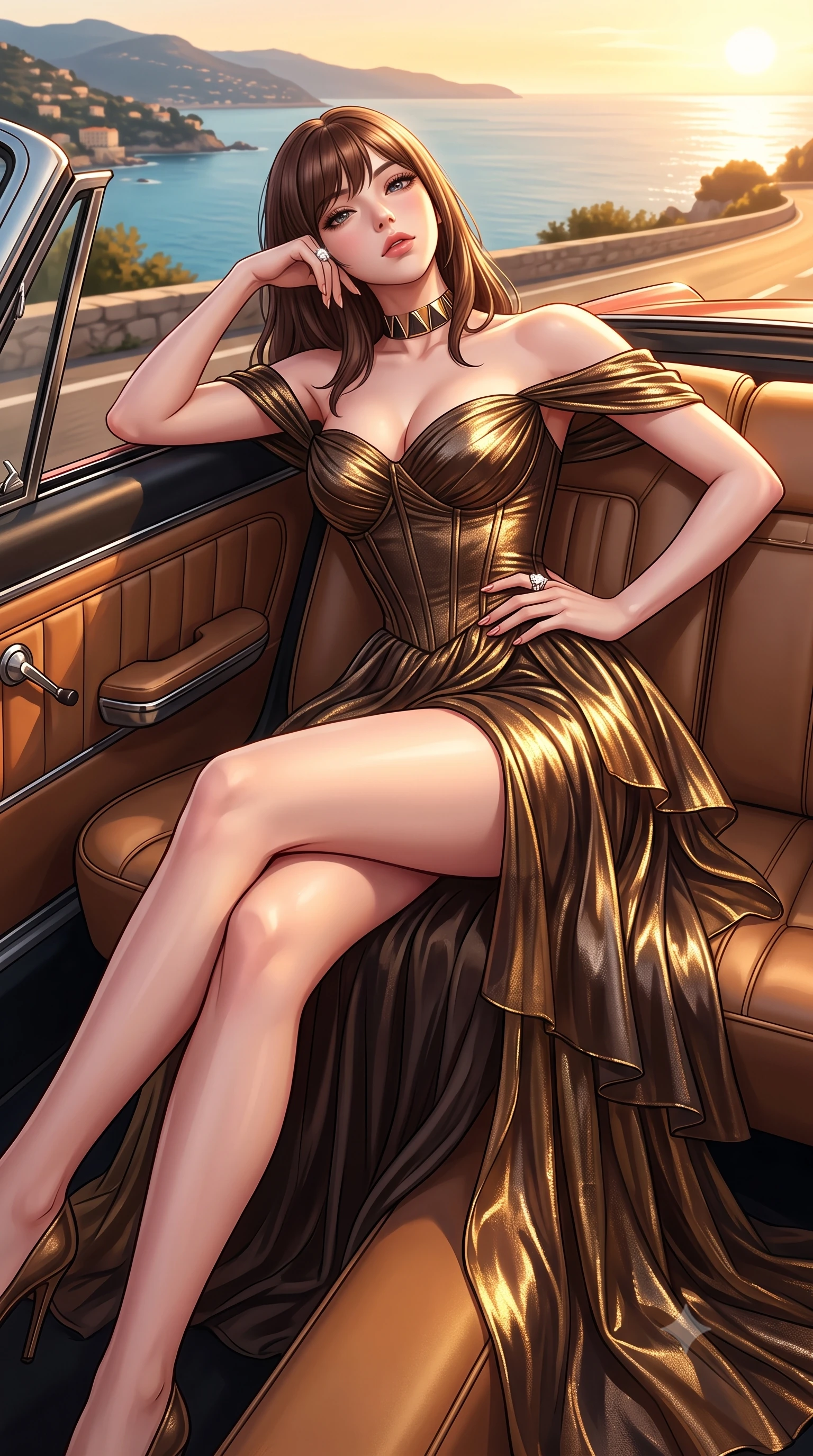 score_9, masterpiece, best quality, ultra-detailed, high-budget anime keyframe, semi-realistic 3D game render, editorial fashion photography, tasteful artistic composition, Korean woman. close-up cowboy shot from the waist and thighs up, the character dominates the composition, filling the frame with her large presence. tilting her chin up with proud, sovereign allure while gazing through thick eyelashes, one hand resting on her waist in pure supermodel charisma while lounging languidly across the passenger leather seat propped on one elbow, long slender legs extended to accentuate her willowy yet curvy silhouette. The surrounding environment is rendered in vivid detail and crisp panoramic clarity. brilliant French Riviera golden-hour chiaroscuro and ultra-chic 1960s jet-set aesthetics in precision. She has an exceptionally elegant, slender, and willowy female figure with an ultra-slim waist, flat toned midriff, narrow ribcage, and sculpted feminine hips creating an alluring, slim hourglass silhouette without bulk. sharp v-shaped jawline, high-bridge nose, intricate jewel-like eyes with depth, thick eyelashes, glossy parted lips with a natural sheen, intensely captivating and seductive bedroom-eyes expression, flawlessly proportioned anatomical accuracy, strict slender model proportions, natural body alignment, perfectly sculpted long slender limbs, ultra-slim waistline, clean dynamic posture without body distortion. wearing an off-shoulder French court corset bodice dress paired with a tiered translucent chiffon slit skirt in dark espresso brown and molten gold foil, crafted from luxurious metallic lamé that shifts radiance with every step, complemented by a bold geometric choker and sparkling cocktail ring, the form-contouring material adhering flawlessly to her sculpted flat midriff and slender torso, emphasizing her long leg lines and perfectly proportioned willowy build. bathed in glorious golden hour Mediterranean sunset backlighting and warm amber road fill. highly saturated vibrant anime colors, detailed shading with soft gradients, rich glossy textures, high-contrast stereoscopic depth, volumetric dynamic lighting, master piece, 9:16 ratio
