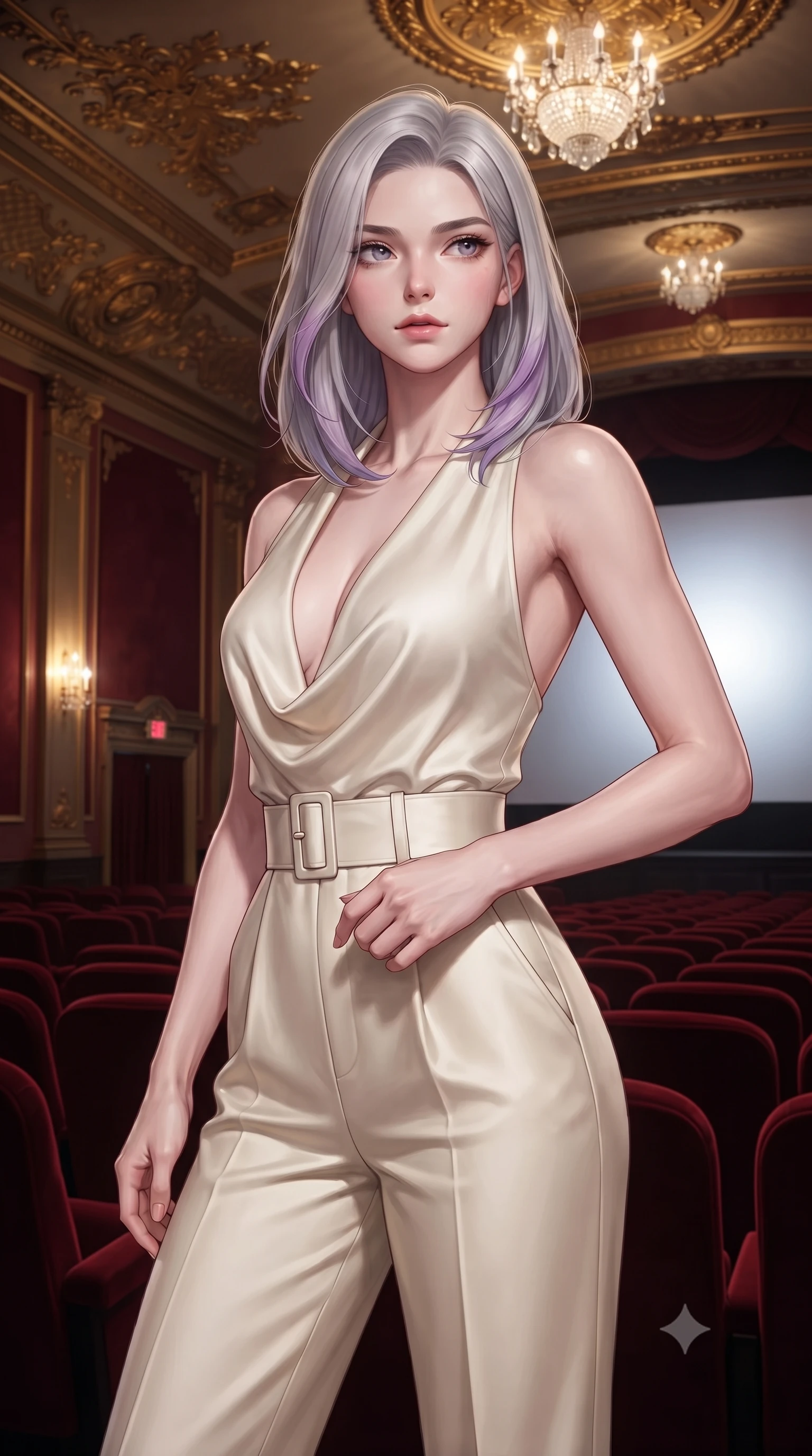 score_9, masterpiece, best quality, ultra-detailed, high-budget anime keyframe, editorial fashion photography, tasteful artistic composition, Caucasian woman, strictly human ears. close-up cowboy shot from the waist and thighs up, the character dominates the composition, filling the frame with her large presence, background elements kept in soft focus. Gazing past the camera with an air of effortless superiority. set against a soft-focus background of inside a magnificently restored 1930s movie palace with deep red velvet seats ornate gold leaf ceiling decorations crystal chandeliers and the silver screen casting a ghostly white glow across the empty auditorium. She has an exceptionally elegant and slender, willowy female figure with an ultra-slim waist, a gracefully sculpted slender torso, and a refined slim physique. sharp v-shaped jawline, high-bridge nose, intricate jewel-like eyes with depth, thick eyelashes, glossy lips with a natural sheen. wearing a tailored jumpsuit in cream silk with a plunging cowl neck and a matching wide belt that emphasizes her ultra-slim waist. warm golden light from the ornate ceiling fixtures and wall sconces with cool silver-white light from the cinema screen creating dramatic warm-cool contrast across the red velvet interior. 2k, ultra detail, master piece, 9:16 ratio