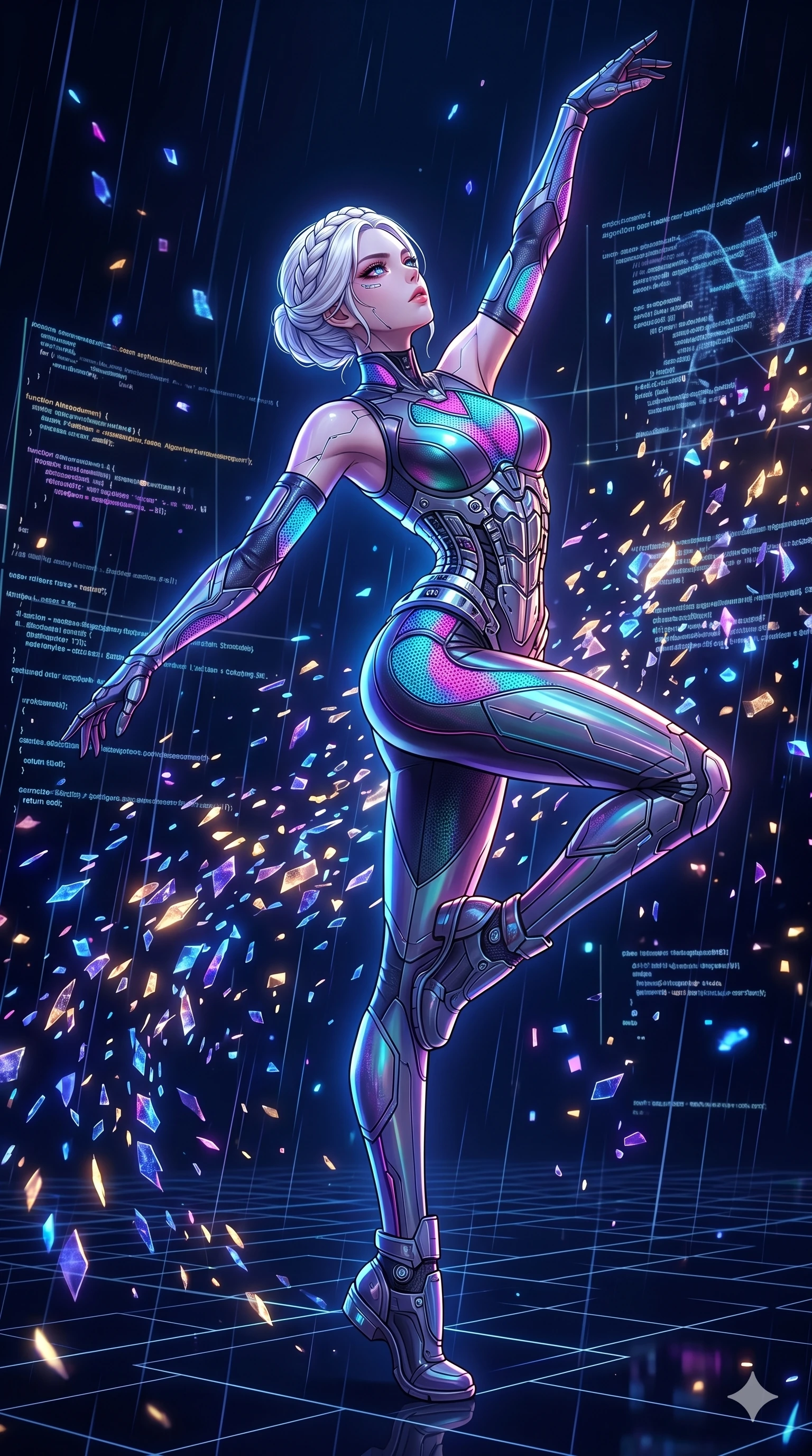 score_9, masterpiece, best quality, ultra-detailed, high-budget anime movie keyframe, cinematic anime lighting, intricate line art, Japanese woman. Low angle cowboy shot filling the entire 9:16 frame with her statuesque presence. dancing with data-shards in a minimalist digital void with holographic rain. She has an absolutely perfect 8-heads proportion, an exceptionally tall and slender female figure with an ultra-slim waist and impossibly long slender legs. sharp v-shaped jawline, high-bridge nose, intricate jewel-like eyes, thick eyelashes, glossy lips. Wearing asymmetrical high-cut tech-bodysuit with detached glowing sleeves, chrome-plated mechanical corset, and bioluminescent mesh panels clinging to her slender figure. The scene is illuminated by dramatic atmospheric lighting and vibrant color palettes. , 2k, ultra detail, master piece, 9:16 ratio