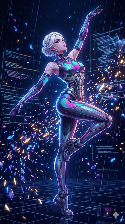 score_9, masterpiece, best quality, ultra-detailed, high-budget anime movie keyframe, cinematic anime lighting, intricate line art, Japanese woman. Low angle cowboy shot filling the entire 9:16 frame with her statuesque presence. dancing with data-sh