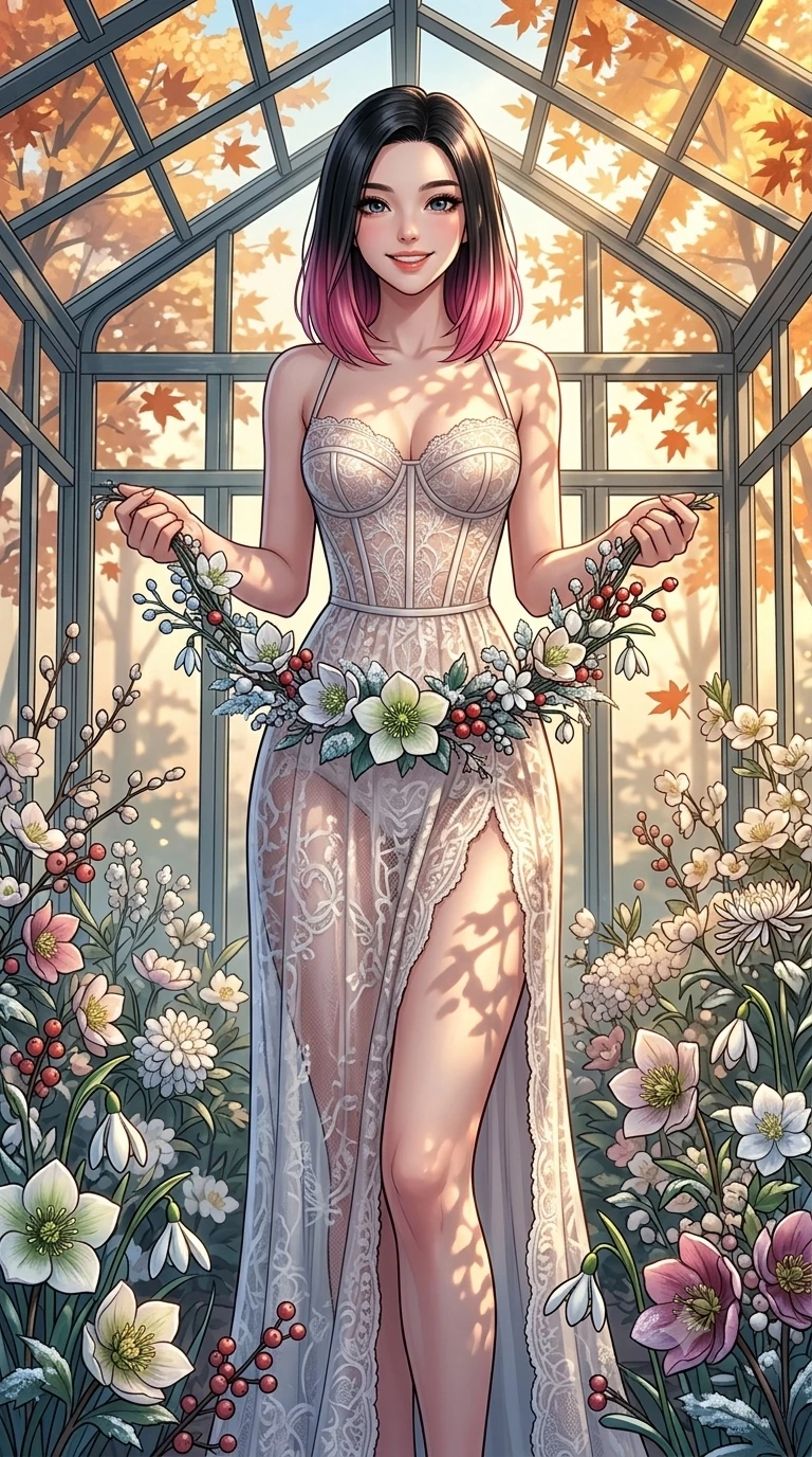 score_9, masterpiece, best quality, ultra-detailed, high-budget anime keyframe, vibrant anime aesthetic, Korean woman. cowboy shot from the thighs up, character and outfit filling the frame for maximum presence. She is holding a flower garland with a joyful winter smile, looking directly at the lens inside a glass atrium filled with winter blossoms (Code-P21-125). She has an absolutely perfect 8-heads proportion, an exceptionally tall and slender female figure with impossibly long slender legs and an ultra-slim waist. V-shaped jawline, high-bridge nose, intricate jewel-like eyes with depth, thick eyelashes, glossy lips with a natural sheen. wearing a semi-opaque sheer lace winter gown with a structured corset bodice and high slit. She is bathed in dappled sunlight filtering through autumn maples, creating organic shadows. 2k, ultra detail, master piece, 9:16 ratio