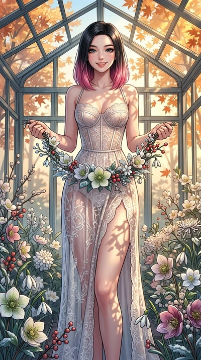 score_9, masterpiece, best quality, ultra-detailed, high-budget anime keyframe, vibrant anime aesthetic, Korean woman. cowboy shot from the thighs up, character and outfit filling the frame for maximum presence. She is holding a flower garland with a