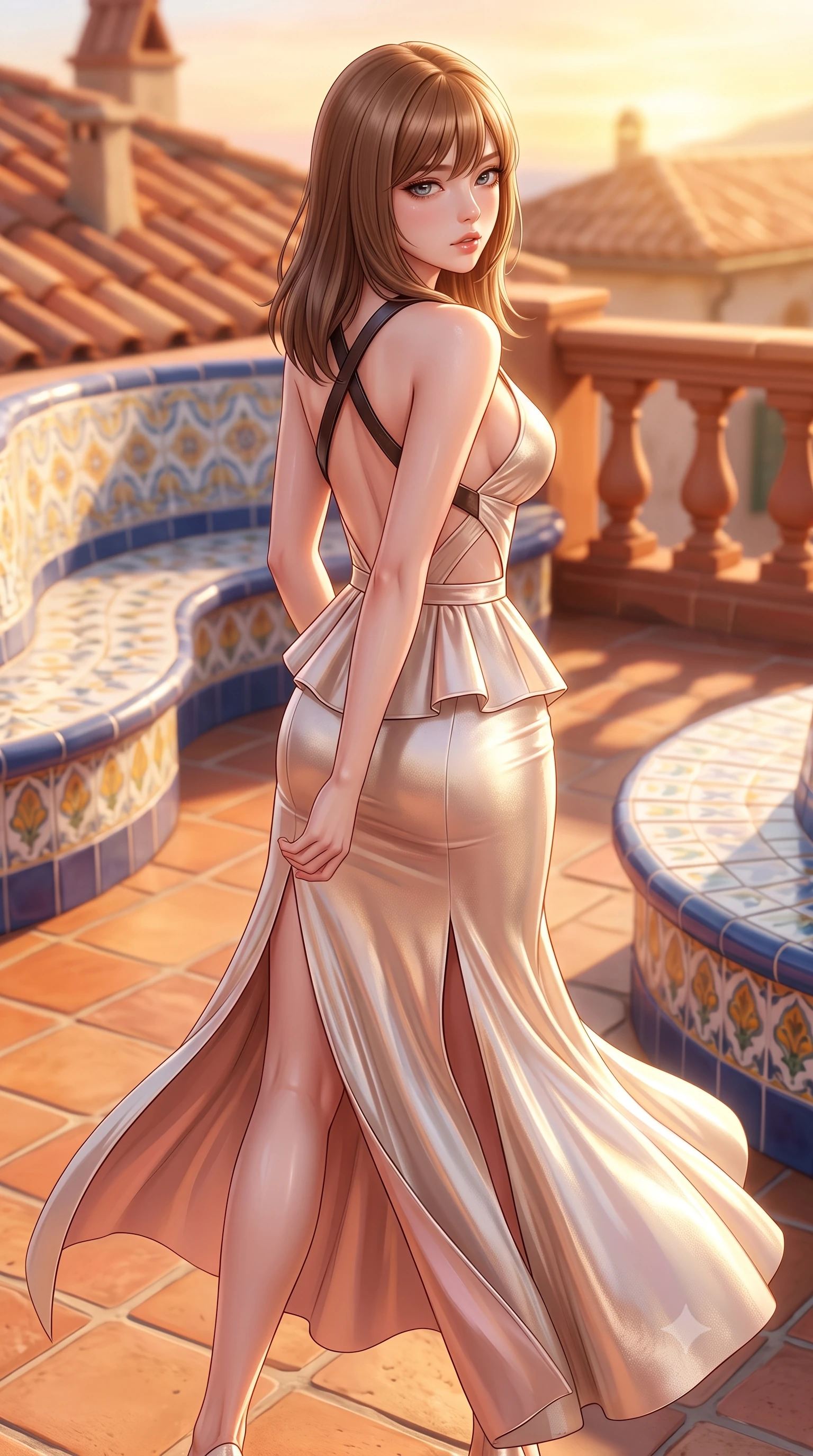 score_9, masterpiece, best quality, ultra-detailed, high-budget anime keyframe, semi-realistic 3D game render, editorial fashion photography, tasteful artistic composition, Korean woman. close-up cowboy shot from the waist and thighs up, the character dominates the composition, filling the frame with her large presence. twisting her slender torso in a deep contrapposto stance, hips dramatically shifted to accentuate her feminine curves while looking past her shoulder with smoldering bedroom-eyes while striding across the whimsical tiled roof deck as warm Mediterranean winds flutter her high-slit dress around her long slender legs. The composition keeps background elements in soft focus with creamy bokeh. curving ceramic tile benches and terracotta rooftop balustrades softened in artistic shallow focus. She has an exceptionally elegant, slender, and willowy female figure with an ultra-slim waist, flat toned midriff, narrow ribcage, and sculpted feminine hips creating an alluring, slim hourglass silhouette without bulk. sharp v-shaped jawline, high-bridge nose, intricate jewel-like eyes with depth, thick eyelashes, glossy parted lips with a natural sheen, intensely captivating and seductive bedroom-eyes expression, flawlessly proportioned anatomical accuracy, strict slender model proportions, natural body alignment, perfectly sculpted long slender limbs, ultra-slim waistline, clean dynamic posture without body distortion. wearing a structural geometric peplum gown with sheer side-ribbon cutouts and form-fitting skirt in vintage champagne ivory and delicate rose gold, crafted from luxurious metallic lamé that shifts radiance with every step, featuring an open-back criss-cross harness strap in dark leather, the liquid-tight tailored fabric clinging flawlessly to her narrow waist and rounded feminine hips, emphasizing every millimeter of her sculpted slim hourglass curves without any bulky heaviness. bathed in glorious golden hour Mediterranean sunset backlighting and warm terracotta tile bounce fill. highly saturated vibrant anime colors, detailed shading with soft gradients, rich glossy textures, high-contrast stereoscopic depth, volumetric dynamic lighting, master piece, 9:16 ratio