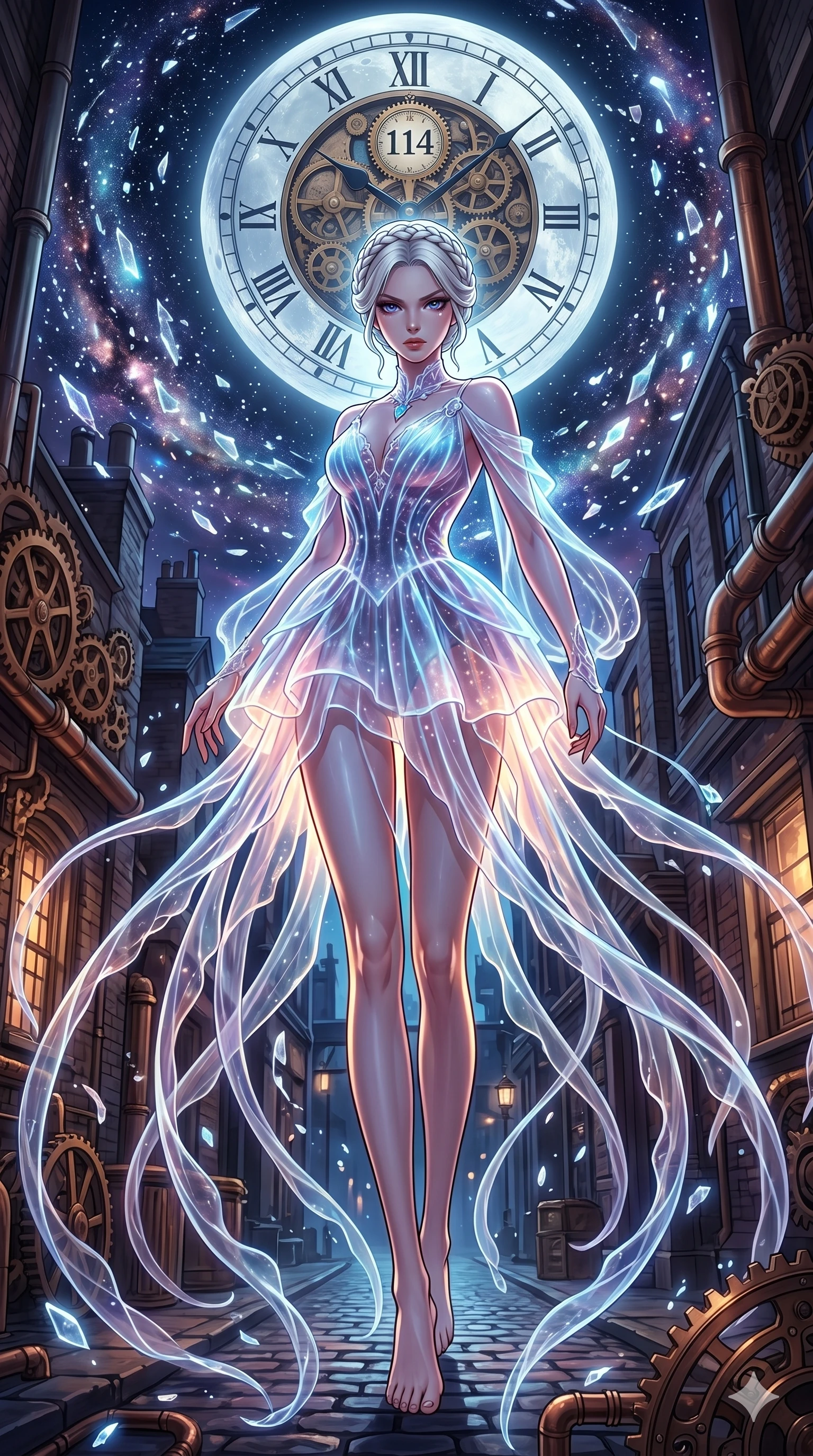 score_9, masterpiece, best quality, ultra-detailed, Set A: High-budget Anime Keyframe, Korean woman. Low angle cowboy shot filling the entire 9:16 frame with her statuesque presence. Theme: Primal Nature. shattering the fabric of reality in a steampunk London alleyway, with a massive clockwork moon ticking behind her as sector 114. The atmosphere is filled with a swirling vortex of stars. She has an absolutely perfect 8-heads proportion, an exceptionally tall and slender female figure with impossibly long slender legs and an ultra-slim waist. Sharp v-shaped jawline, high-bridge nose, intricate jewel-like eyes with depth, glossy lips. Wearing Bioluminescent jellyfish-inspired dress with long flowing transparent tentacles. Cinematic lighting, vivid colors, dramatic shadows, 2k, ultra detail, master piece, 9:16 ratio