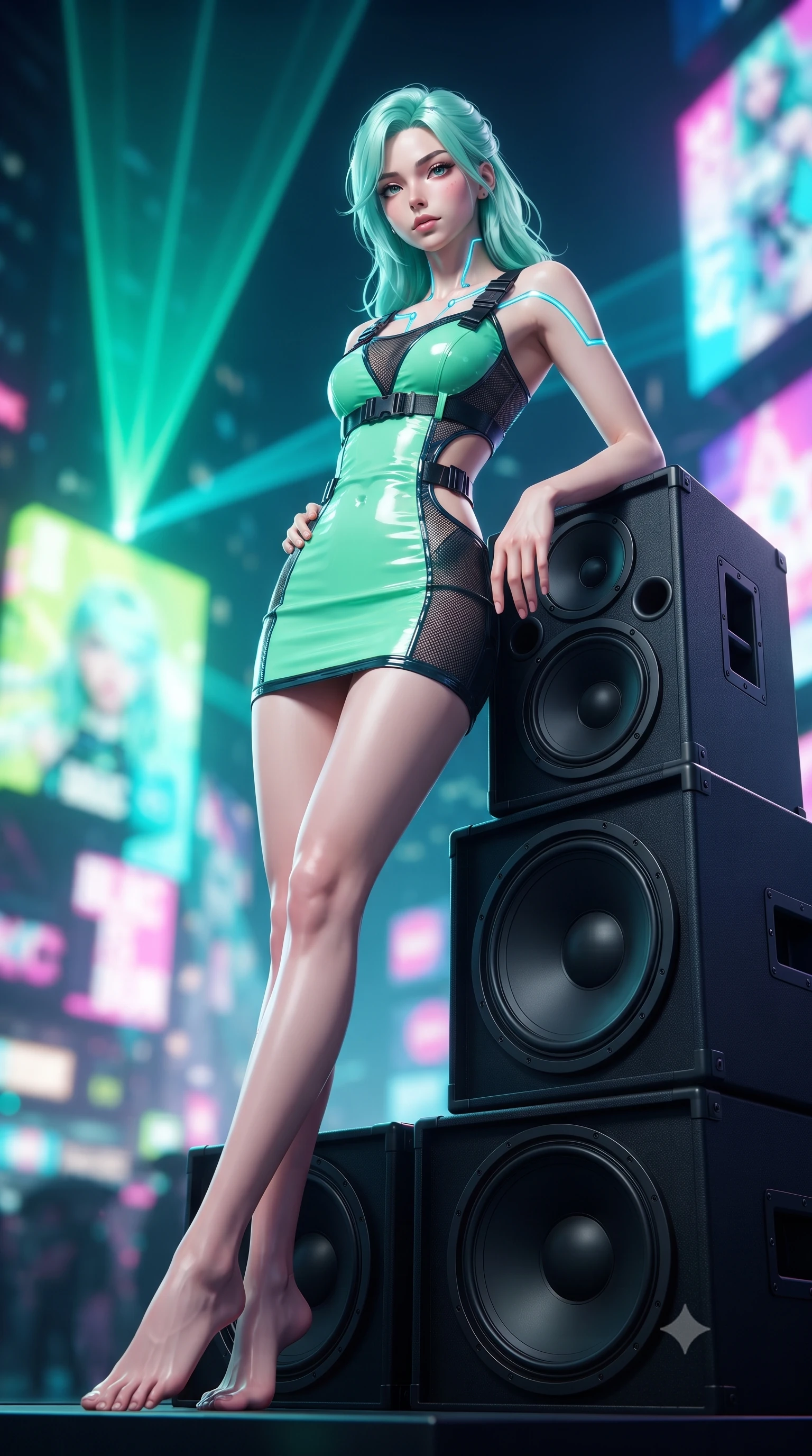 score_9, masterpiece, best quality, ultra-detailed, high-budget anime keyframe, editorial fashion photography, tasteful artistic composition, Japanese woman. low angle full-body shot from head to toe showing her feet, filling the entire 9:16 vertical frame with her statuesque presence, stretching her vertical silhouette. pivoting dynamically with supreme athletic balance and poise, her impossibly long slender legs creating a breathtaking line while leaning against a heavy subwoofer speaker stack with confident Y2K attitude and flawless vertical posture. The composition keeps background elements in soft focus with creamy bokeh. giant holographic neon advertisements and sweeping laser light cones blurred into electric turquoise, lime, and fuchsia bokeh. She has an absolutely perfect, statuesque 8.5-heads proportion, an exceptionally tall and slender model-like female figure with impossibly long slender legs, a toned flat midriff, and an ultra-slim waist. sharp v-shaped jawline, high-bridge nose, intricate jewel-like eyes with depth, thick eyelashes, glossy lips with a natural sheen, captivating and magnetic expression, flawlessly proportioned anatomical accuracy, strict slender model proportions, natural body alignment, perfectly sculpted long slender limbs, ultra-slim waistline, clean dynamic posture without body distortion. wearing a high-gloss vinyl mini dress accented with industrial buckle straps and side-waist cutouts in neon mint green and dark obsidian, made of breathable technical athletic mesh and liquid-finish track nylon, finished with glowing cyan status conduits tracing her collarbones, the precision-cut daring openings accentuating her delicate midriff, graceful bare collarbones, and ultra-slim feminine waistline. bathed in flashing RGB strobe lights and glowing holographic billboard backlighting. ultra-reflective glossy finish, specular highlights, rich textural contrasts, high-contrast stereoscopic depth, volumetric dynamic lighting, 2k, ultra detail, master piece, 9:16 ratio