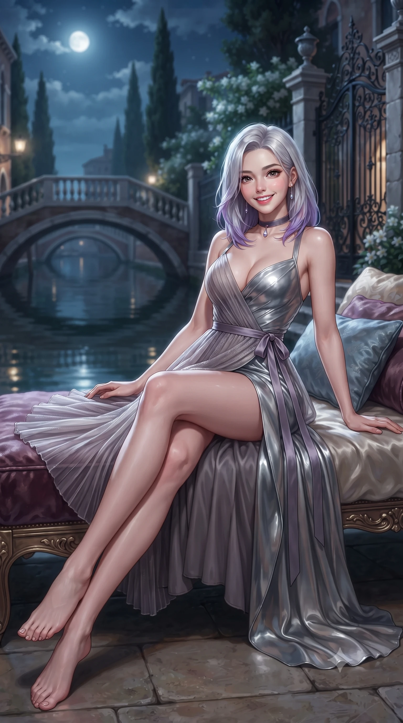 score_9, masterpiece, best quality, ultra-detailed, high-budget anime keyframe, editorial fashion photography, tasteful artistic composition, Caucasian woman. low angle full-body shot from head to toe showing her feet, filling the entire 9:16 vertical frame with her statuesque presence, stretching her vertical silhouette. lounging on the lavish daybed with legs crossed and hips angled toward the camera, displaying her toned midriff and long slender limbs with effortless siren poise while twisting her slender torso in an alluring S-curve beside blooming night-blooming jasmine, moonbeams tracing her dewy skin and curves. The background shows a soft-focus quiet Venetian side canal with arched stone footbridges, moonlit cypress trees, and wrought-iron palace gates blurred into jade, silver, and indigo bokeh. She has an exceptionally tall and slender model-like 8.5-heads proportion, an ultra-slim waist, a flat toned midriff, narrow delicate ribcage, and beautifully sculpted feminine hips creating a graceful, slim hourglass silhouette without any bulky heaviness, with impossibly long slender legs. sharp v-shaped jawline, high-bridge nose, intricate jewel-like sparkling eyes with depth, thick eyelashes, glossy parted lips with a natural peach sheen, bright cheerful beaming smile with an enchanting and coquettish sensual glint, exuding both youthful cute charm and seductive allure, flawlessly proportioned anatomical accuracy, strict slender model proportions, natural body alignment, perfectly sculpted long slender limbs, ultra-slim waistline, clean dynamic posture without body distortion. wearing a sheer pleated chiffon baby-doll dress with a plunging sweetheart neckline and satin ribbon waist tie in dusky lavender noir and liquid silver chrome, woven from buttery-soft stretch lambskin leather adhering to her body like a second skin, finished with a thin velvet ribbon choker and a single teardrop diamond pendant, the high-slit wrap tailoring accentuating her ultra-slim waistline and the enchanting curve of her feminine hips with alluring seductive charm. illuminated by canal water specular highlights and sharp silver-cyan rim lights sculpting her jawline, narrow waist, and curvy hips. ultra-reflective glossy finish, specular highlights, rich textural contrasts, high-contrast stereoscopic depth, volumetric dynamic lighting, 2k, ultra detail, master piece, 9:16 ratio