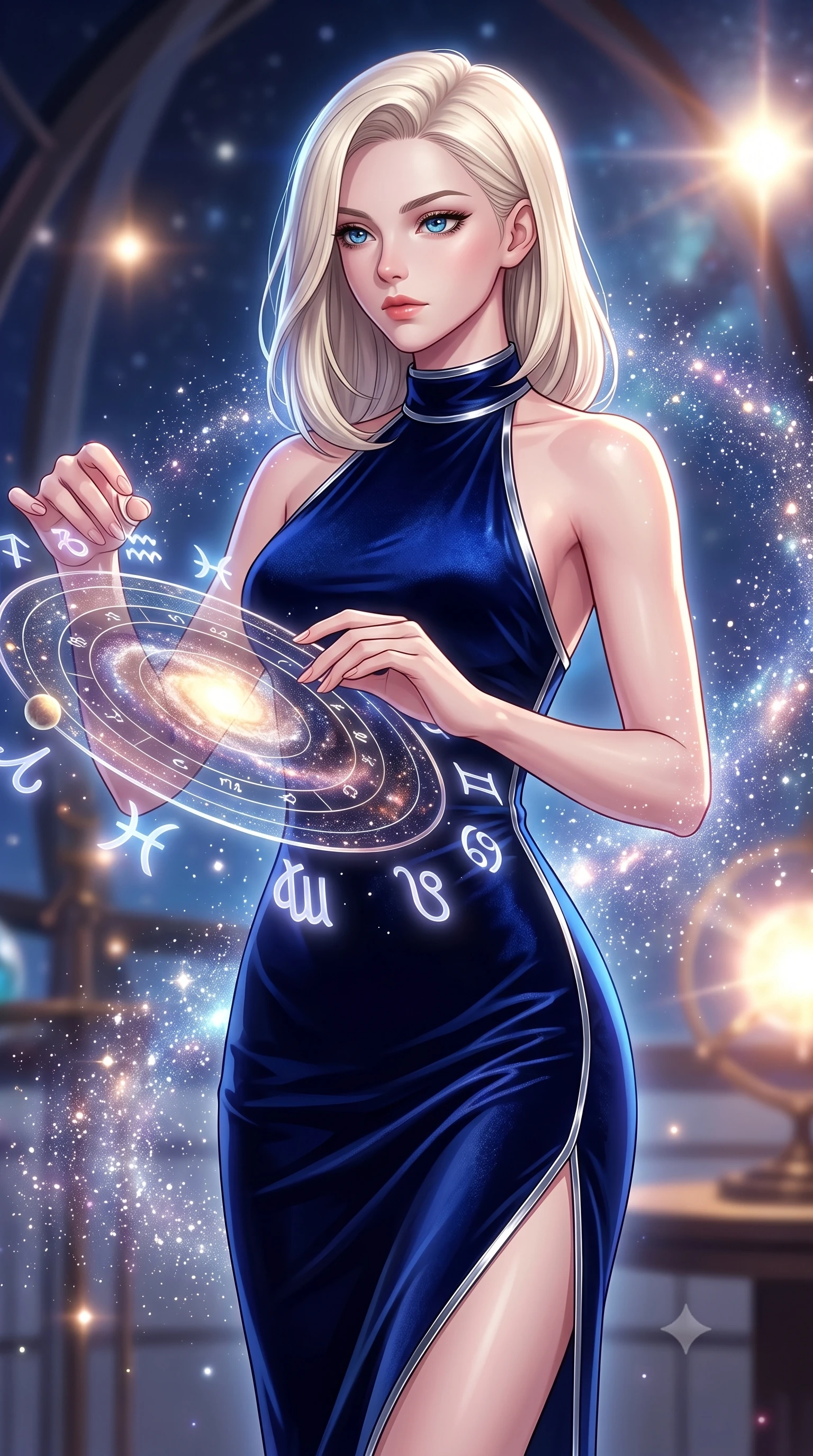 score_9, masterpiece, best quality, ultra-detailed, high-budget anime keyframe, editorial fashion photography, tasteful artistic composition, Caucasian woman. close-up cowboy shot from the waist and thighs up, the character dominates the composition, filling the frame with her large presence, background elements kept in soft focus. Gazing past the camera with an air of effortless elegance and mysterious confidence adjusting a luminous planetary orbital dial filled with galaxy dust, translucent zodiac glyphs orbiting around her delicate hands. She has an exceptionally elegant, slender, and willowy female figure with an ultra-slim waist, a gracefully sculpted slender torso, and a refined silhouette. sharp v-shaped jawline, high-bridge nose, intricate jewel-like eyes with depth, thick eyelashes, glossy lips with a natural sheen. wearing a velvet halter-neck midi dress following her form like a glove in midnight navy blue and chrome trim, made of premium stretch velvet with a rich sheen, finished with a sleek side slit ascending to mid-thigh, the tailored fabric tightly following every curve of her athletic build. surrounded by a glowing aura of starlight and shimmering celestial rays. highly saturated vibrant anime colors, detailed shading with soft gradients, rich glossy textures, high-contrast stereoscopic depth, volumetric dynamic lighting, master piece, 9:16 ratio