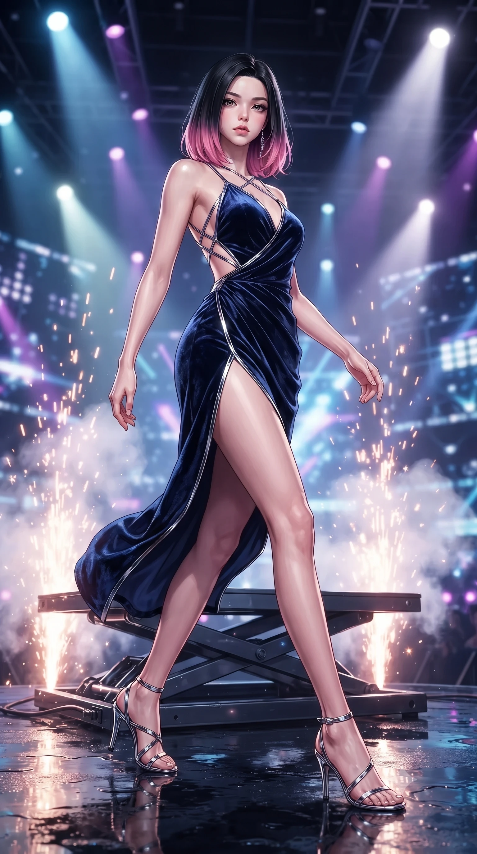score_9, masterpiece, best quality, ultra-detailed, high-budget anime keyframe, editorial fashion photography, tasteful artistic composition, Korean woman. low angle full-body shot from head to toe showing her feet, filling the entire 9:16 vertical frame with her statuesque presence, stretching her vertical silhouette. forging dynamically through the scene, her vertical silhouette beautifully stretched poised on a hydraulic lift platform surrounded by dazzling pyrotechnic sparks, shiny dark stage surface reflecting every concert light beam vividly. She has an absolutely perfect, statuesque 8.5-heads proportion, an exceptionally tall and slender model-like female figure with impossibly long slender legs and an ultra-slim waist. sharp v-shaped jawline, high-bridge nose, intricate jewel-like eyes with depth, thick eyelashes, glossy lips with a natural sheen. wearing a backless crushed velvet gown with a deep V-neckline and high thigh slit in midnight navy blue and chrome trim, crafted from lustrous satin jersey with fluid draping, complemented by criss-cross back straps highlighting her bare shoulders, the tailored fabric tightly following every curve of her athletic build. bathed in intense volumetric stage spotlights and vivid neon rim lights. ultra-reflective glossy finish, specular highlights, metallic sheen, high-contrast stereoscopic depth, volumetric dynamic lighting, 2k, ultra detail, master piece, 9:16 ratio